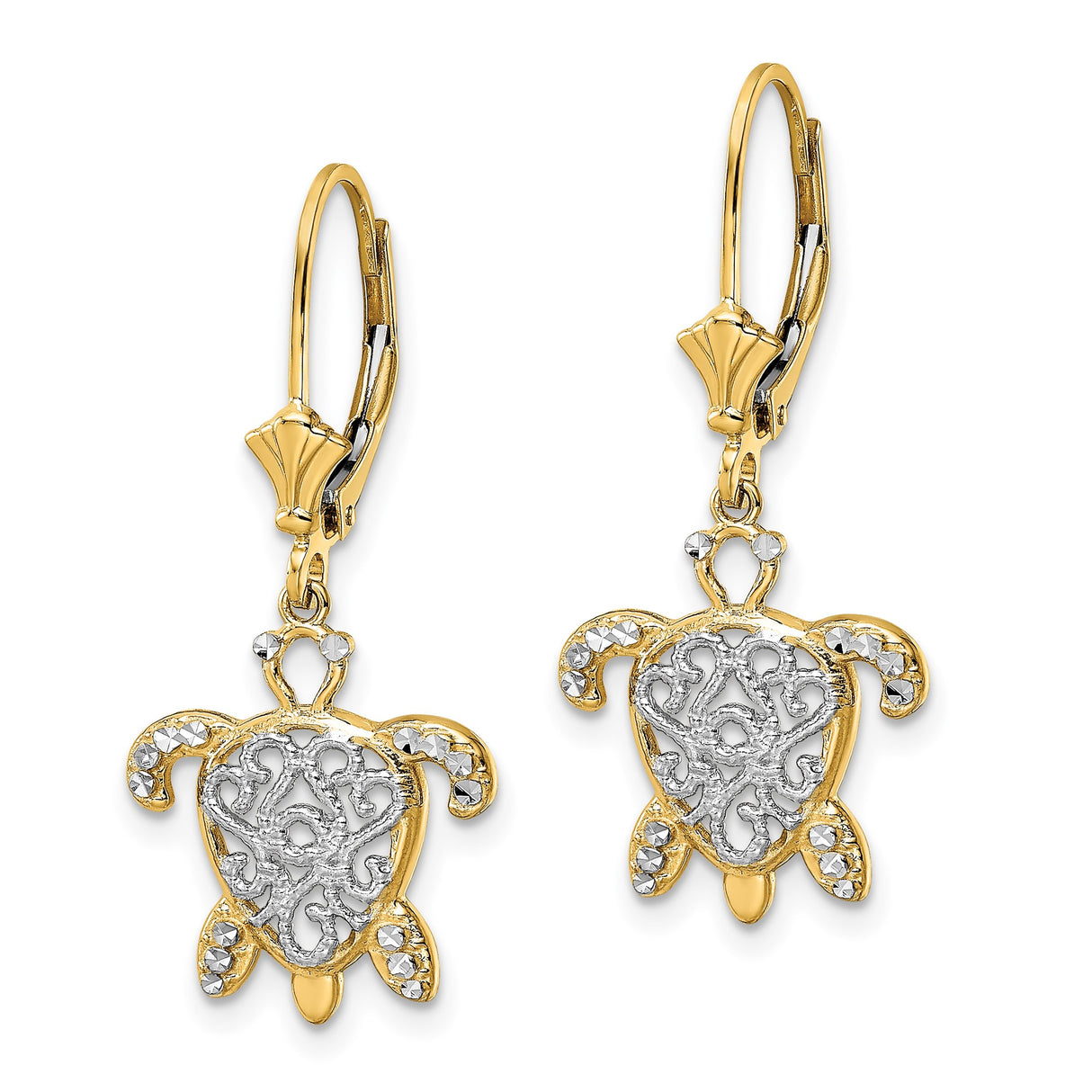 14k Yellow Gold Turtle Dangle Earrings, Two-Tone Filigree Sea Life Design for Women