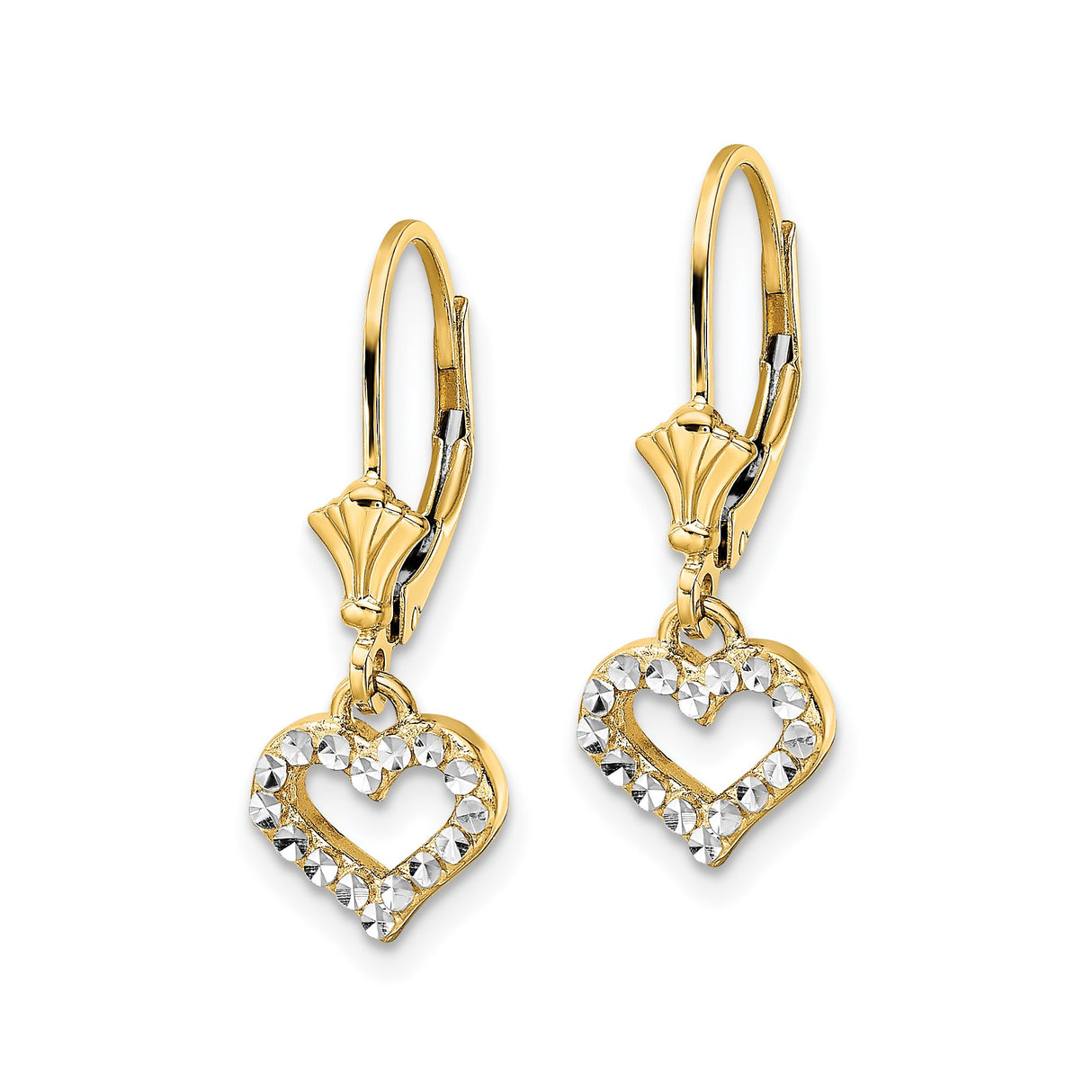 14k Yellow Gold Heart Dangle Earrings with Rhodium and Diamond Cut Detailing, Leverback Design