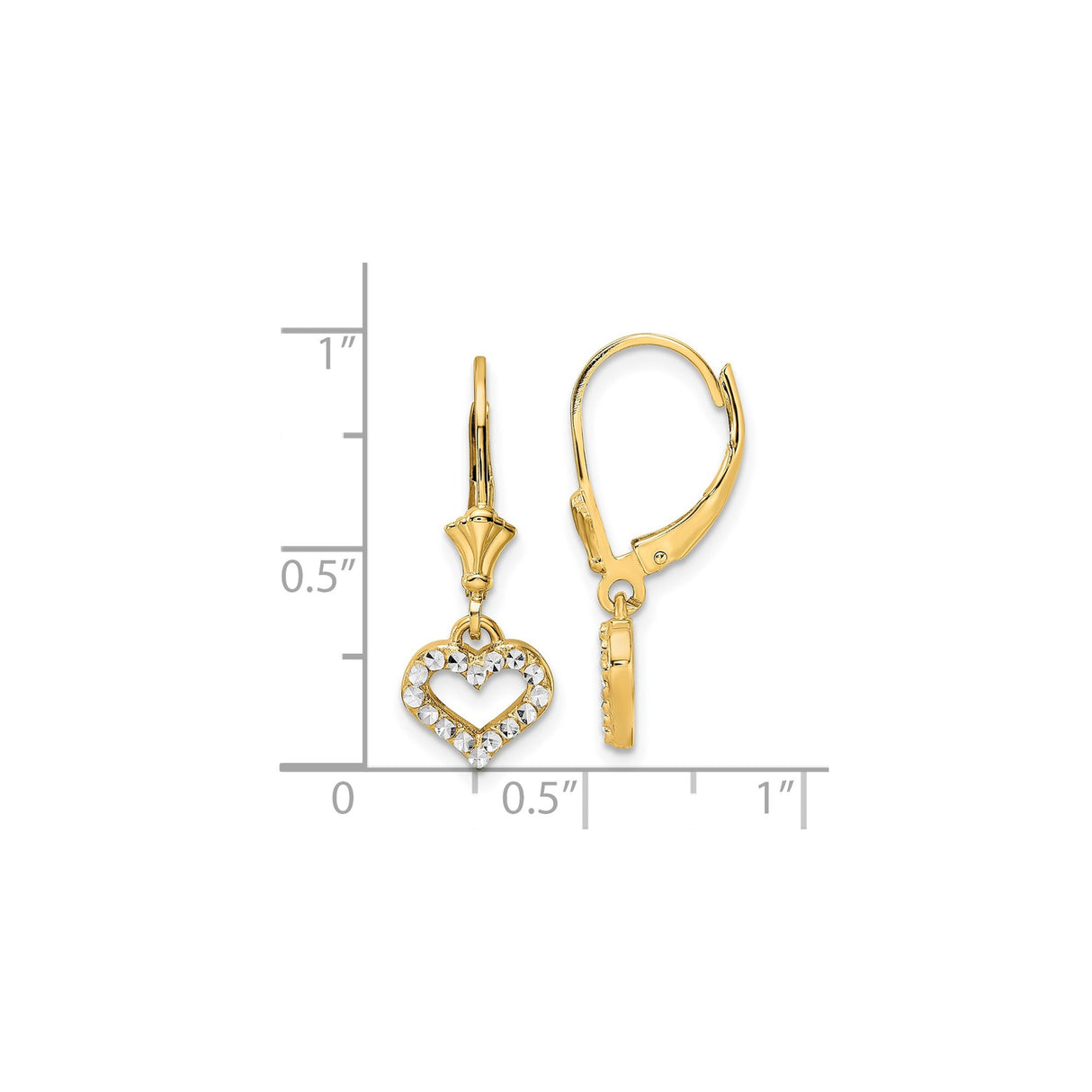 14k Yellow Gold Heart Dangle Earrings with Rhodium and Diamond Cut Detailing, Leverback Design