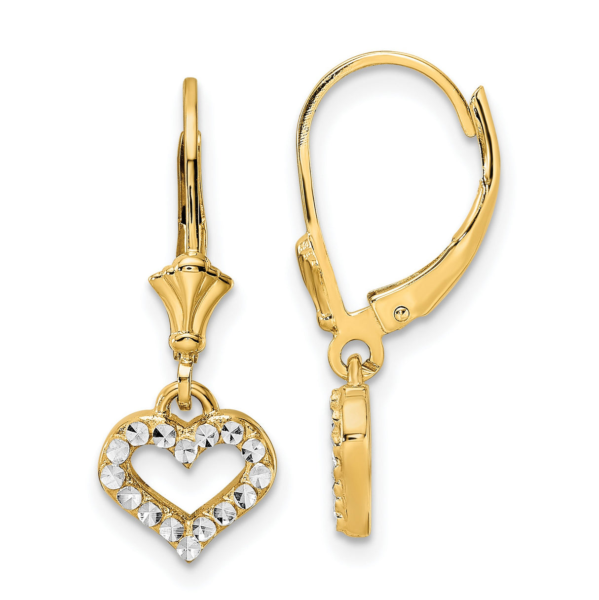 14k Yellow Gold Heart Dangle Earrings with Rhodium and Diamond Cut Detailing, Leverback Design