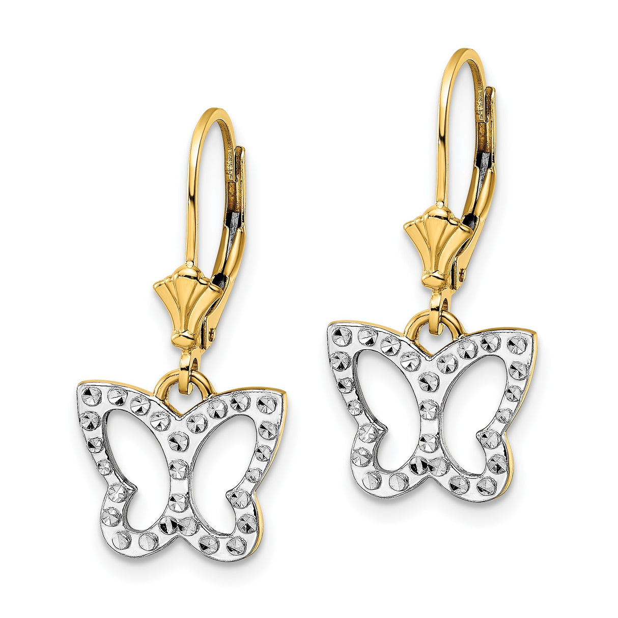 14k Yellow Gold Dangle Earrings with Butterfly Charm and Diamond Cut Detailing