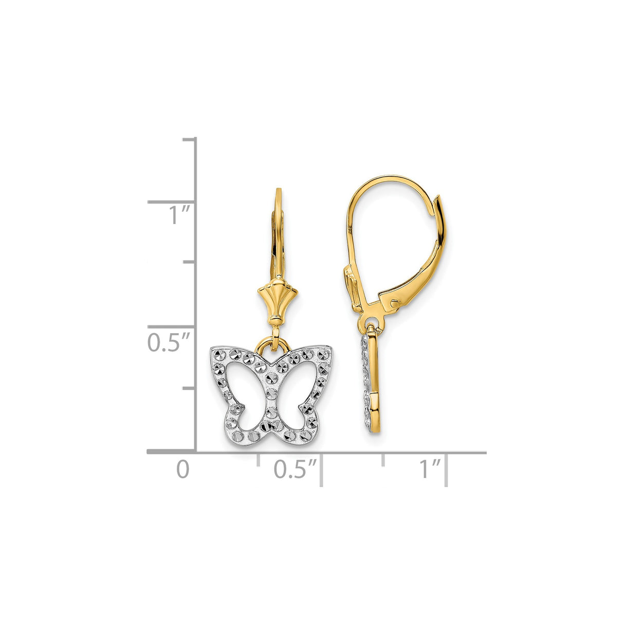 14k Yellow Gold Dangle Earrings with Butterfly Charm and Diamond Cut Detailing