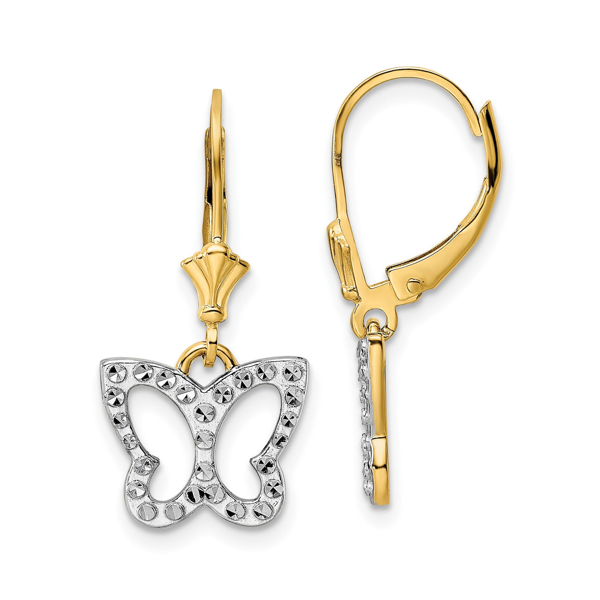 14k Yellow Gold Dangle Earrings with Butterfly Charm and Diamond Cut Detailing