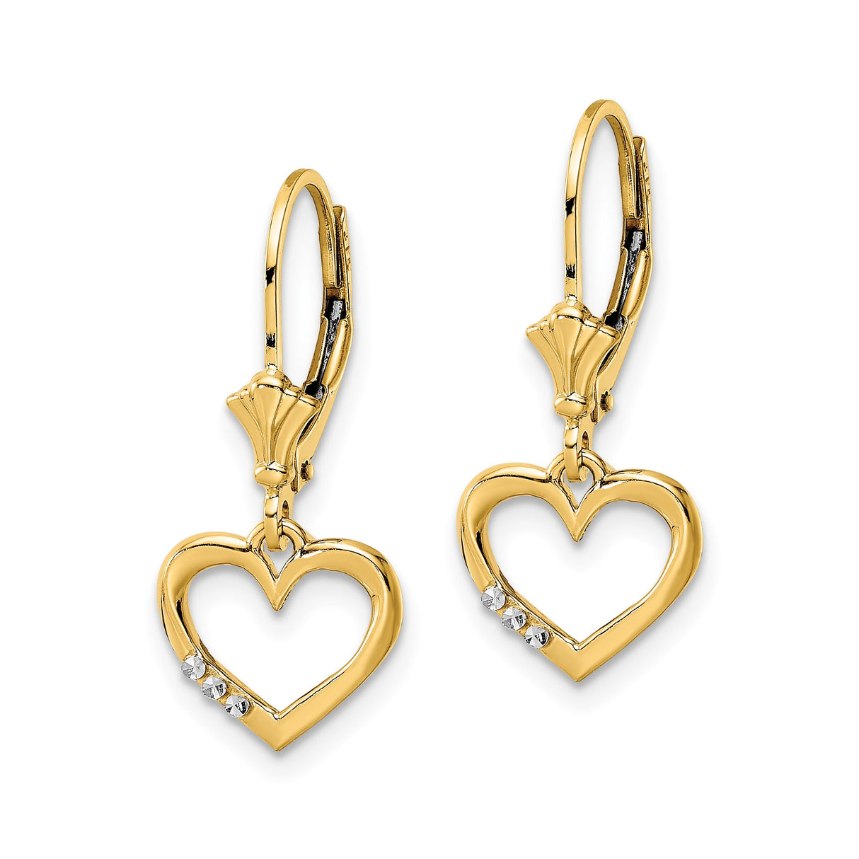14k Yellow Gold Heart Dangle Earrings with Rhodium Accents and Leverback Design