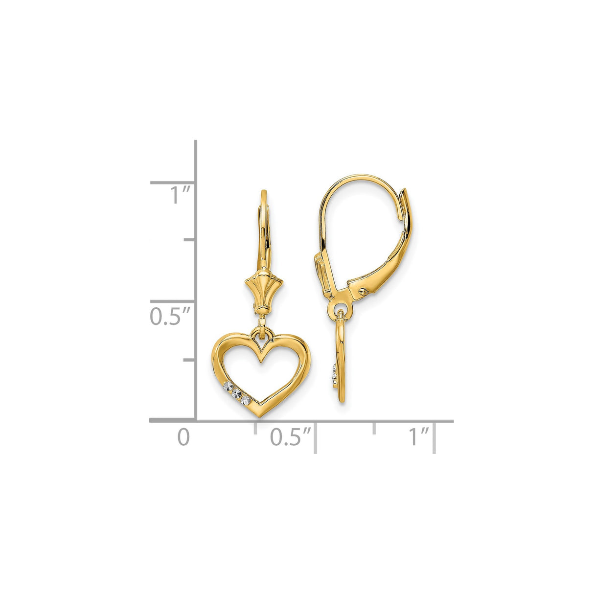 14k Yellow Gold Heart Dangle Earrings with Rhodium Accents and Leverback Design