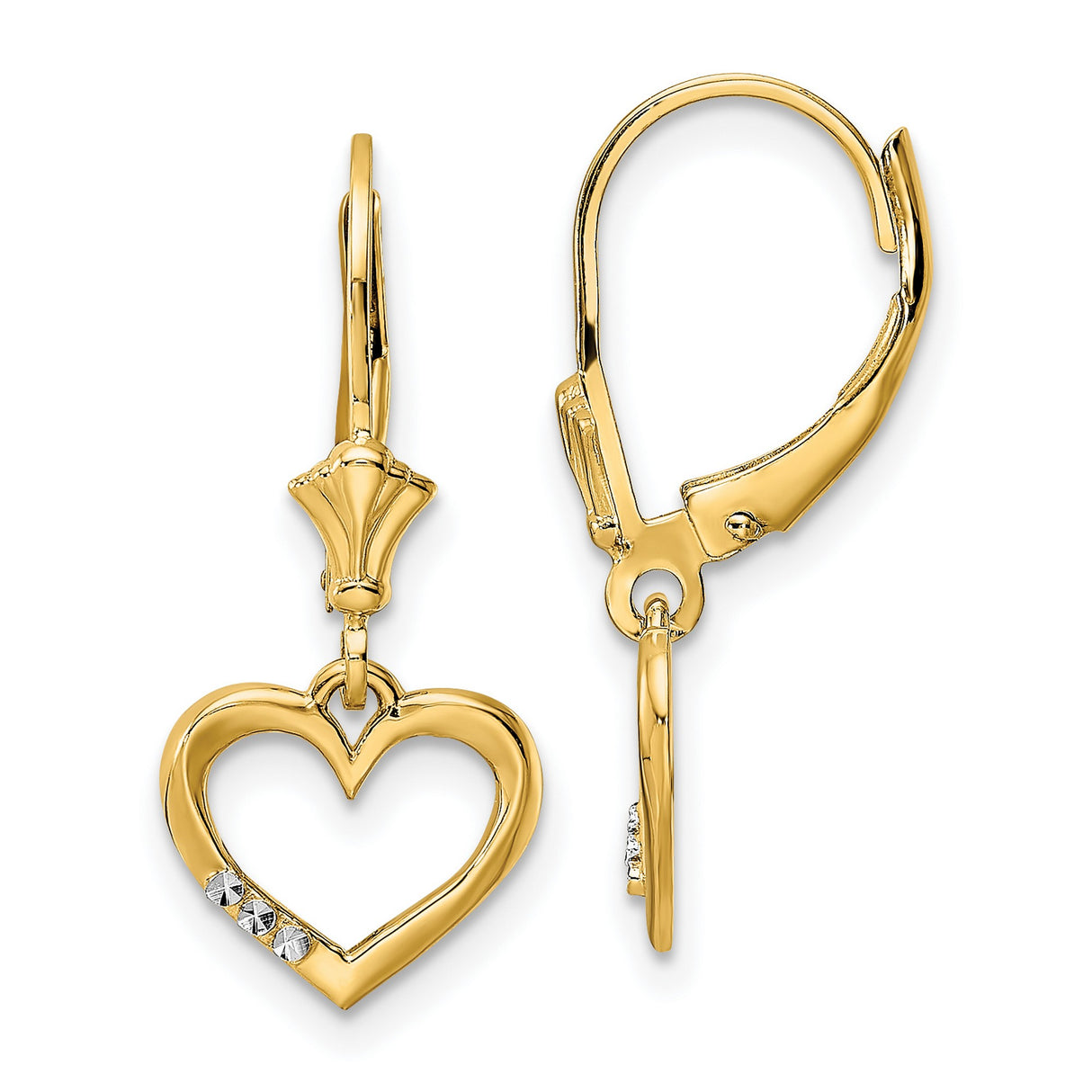 14k Yellow Gold Heart Dangle Earrings with Rhodium Accents and Leverback Design
