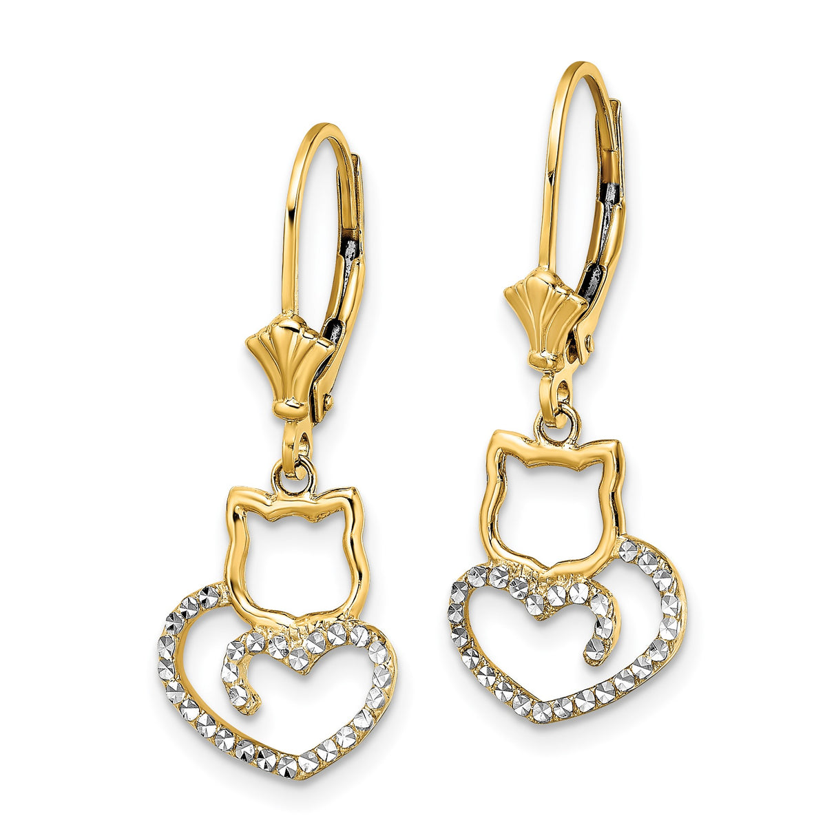 14k Yellow Gold Cat Dangle Earrings with Diamond Cut Heart Tail, Leverback Design