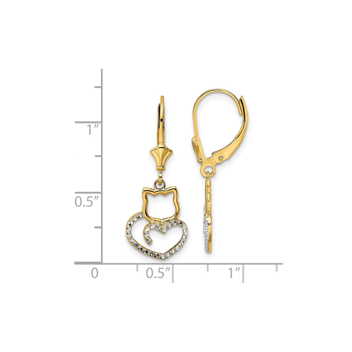 14k Yellow Gold Cat Dangle Earrings with Diamond Cut Heart Tail, Leverback Design