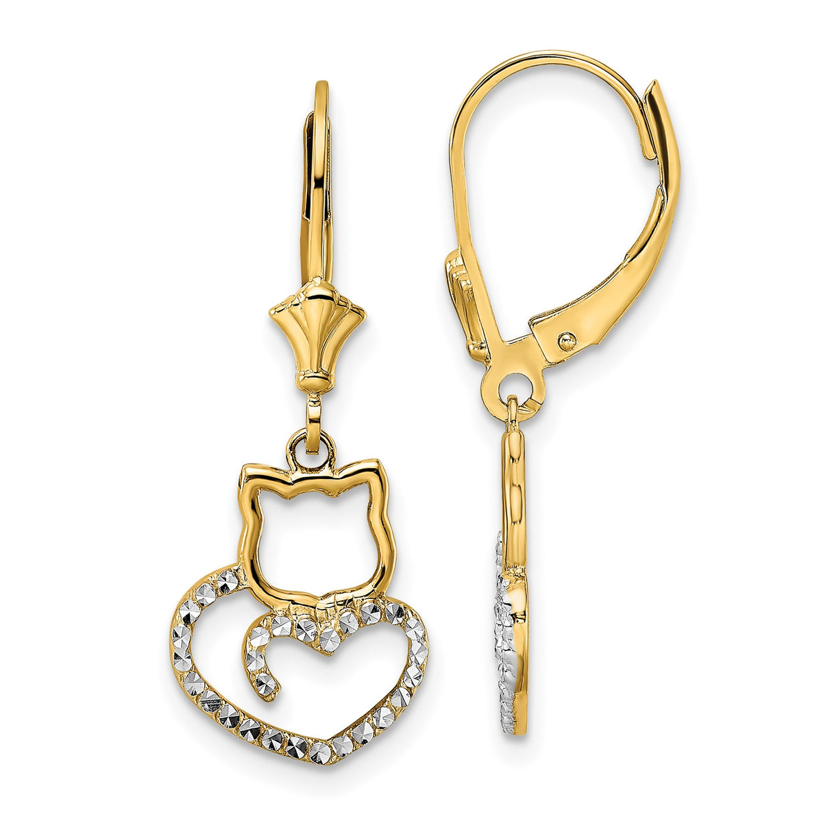14k Yellow Gold Cat Dangle Earrings with Diamond Cut Heart Tail, Leverback Design