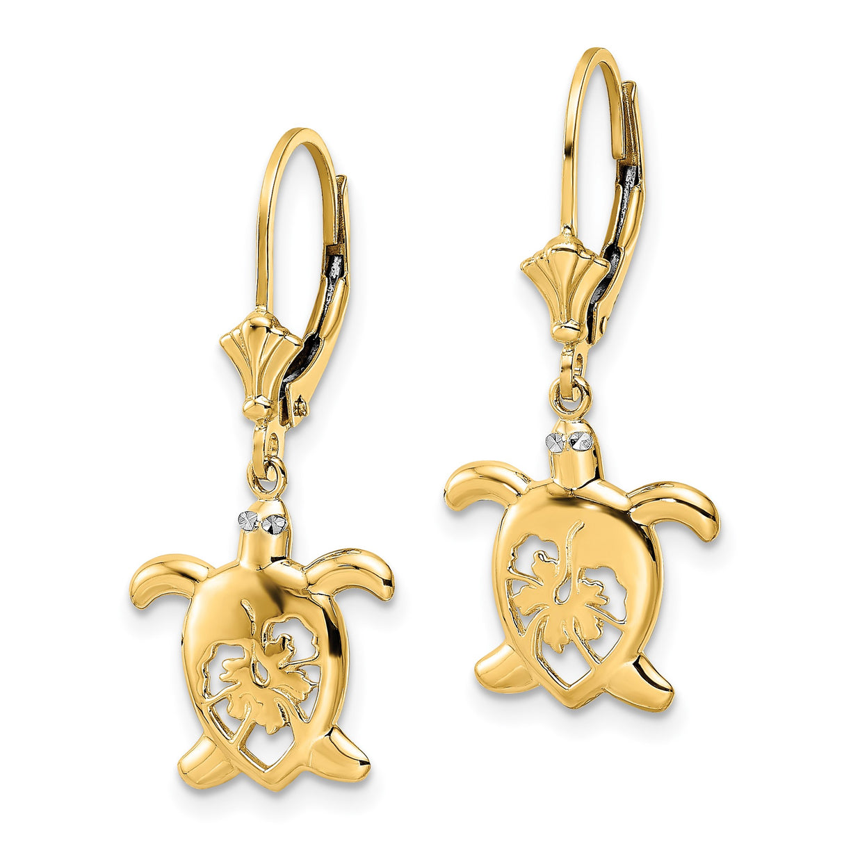 14k Yellow Gold Sea Turtle Dangle Earrings with Hibiscus Cutout and Rhodium Accents for Women