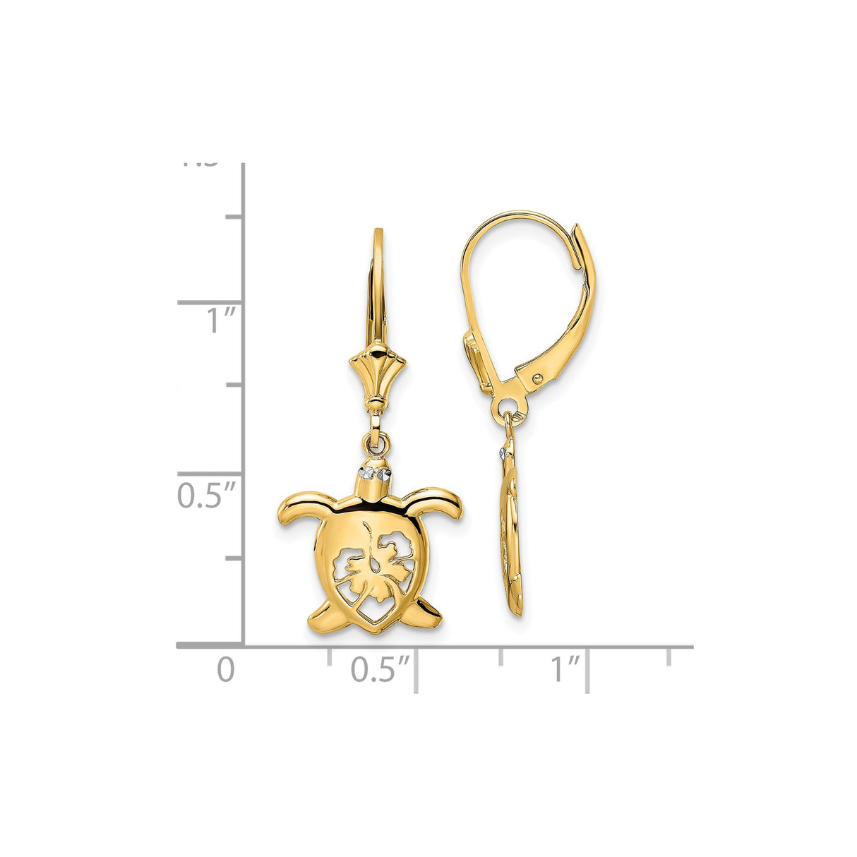 14k Yellow Gold Sea Turtle Dangle Earrings with Hibiscus Cutout and Rhodium Accents for Women
