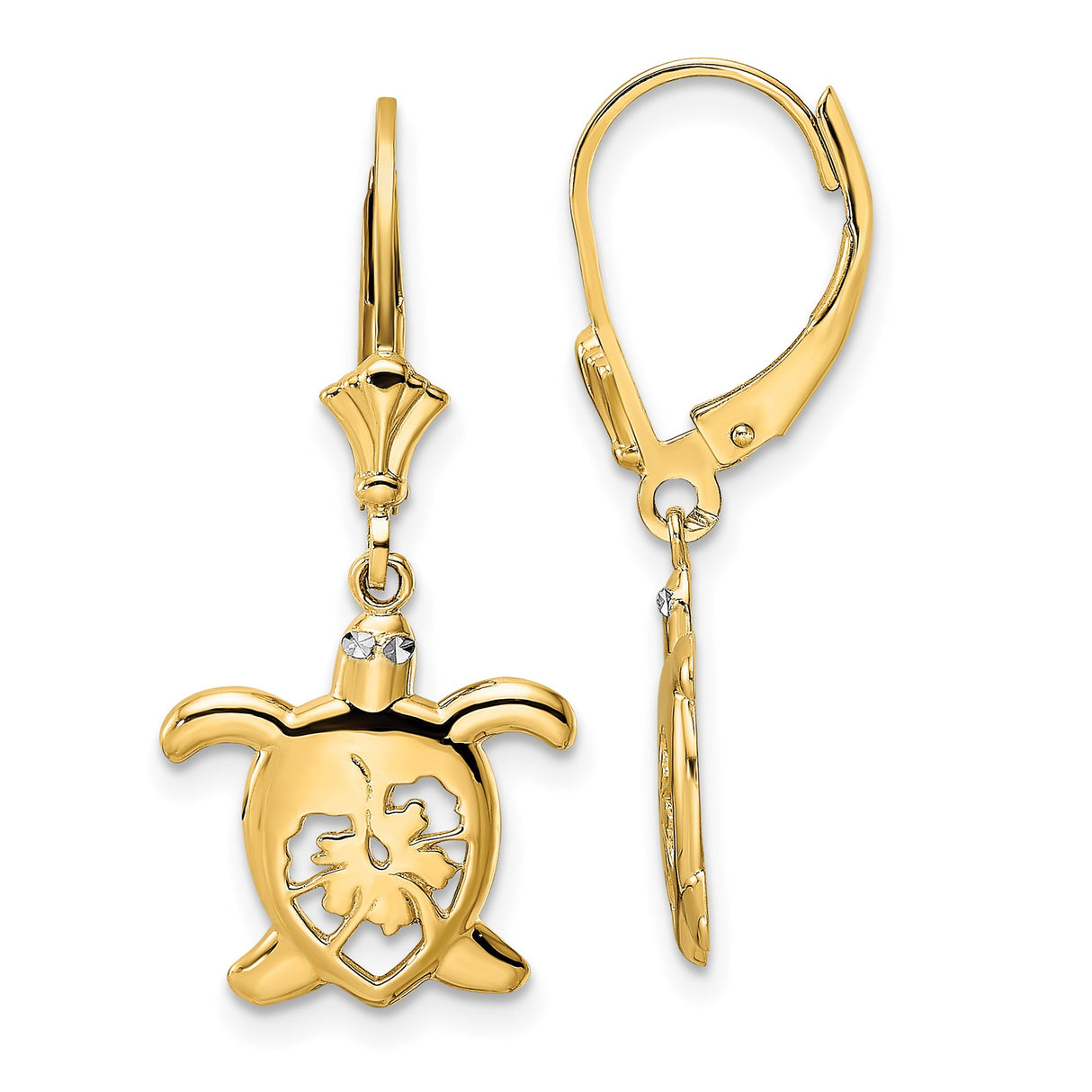 14k Yellow Gold Sea Turtle Dangle Earrings with Hibiscus Cutout and Rhodium Accents for Women