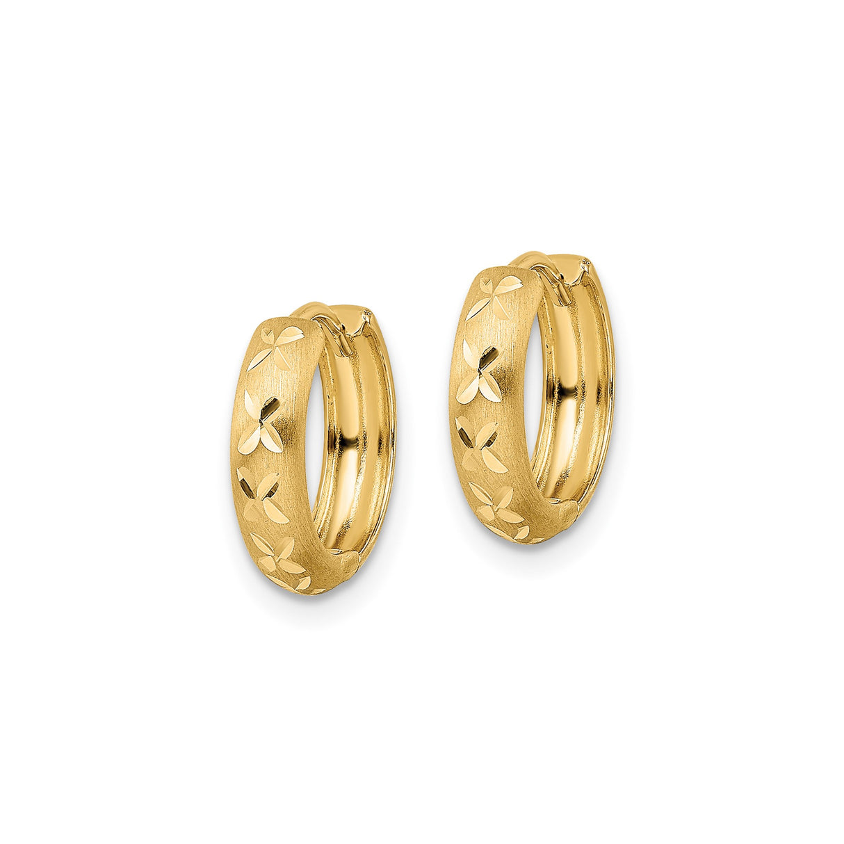 14k Yellow Gold Hoop Earrings, Textured Satin Finish with Floral Motif, Lightweight Design