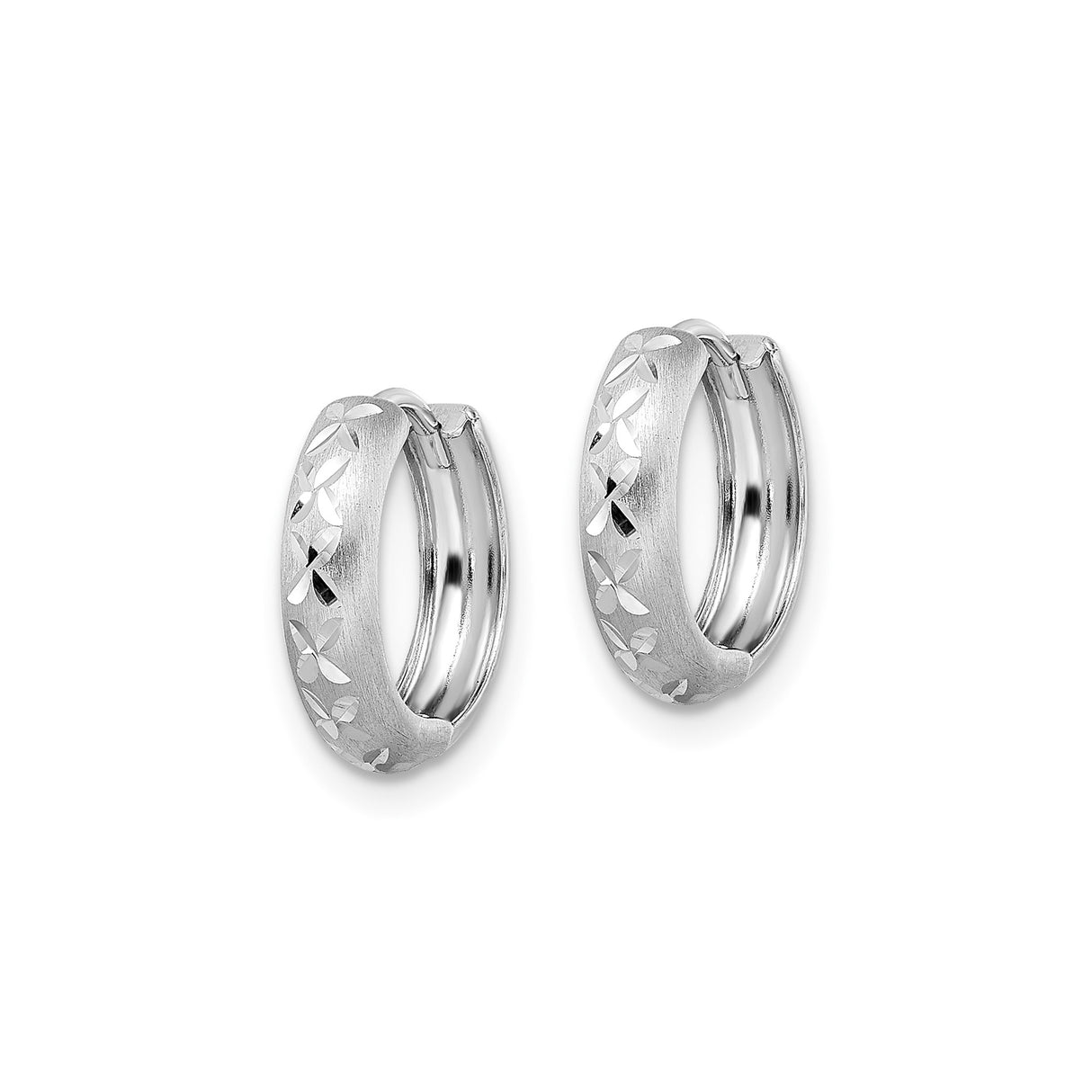 14k White Gold Hoop Earrings, Diamond-Cut Floral Pattern, Hinged Lightweight Design
