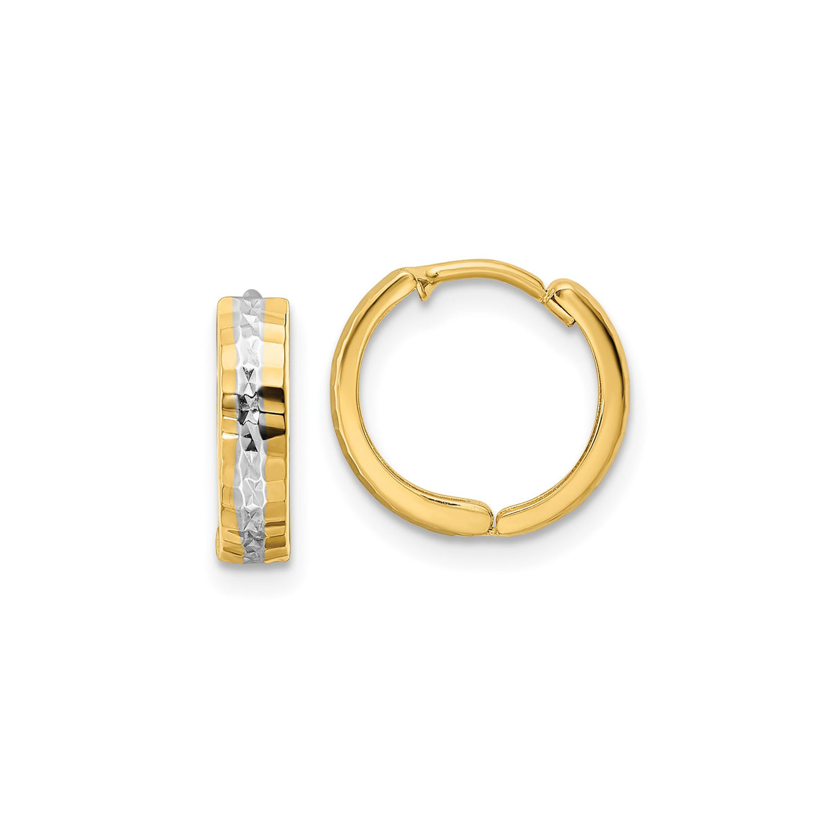 14k Yellow Gold Hoop Earrings, Hammered Two-Tone Textured Finish, Hinged Clasp, Lightweight Design