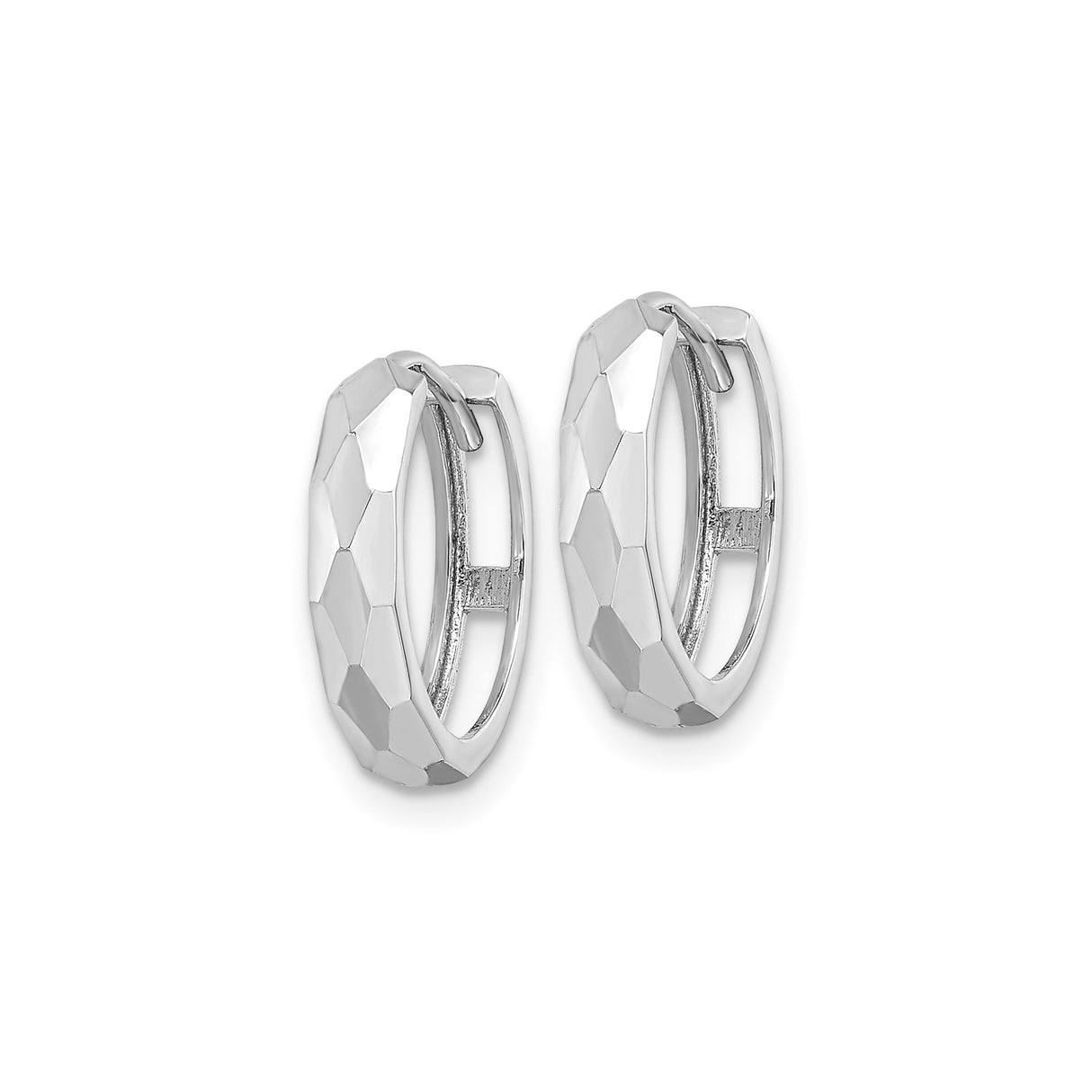 14k White Gold Hoop Earrings, Faceted Hexagon Design, Polished Minimalist Style for Women