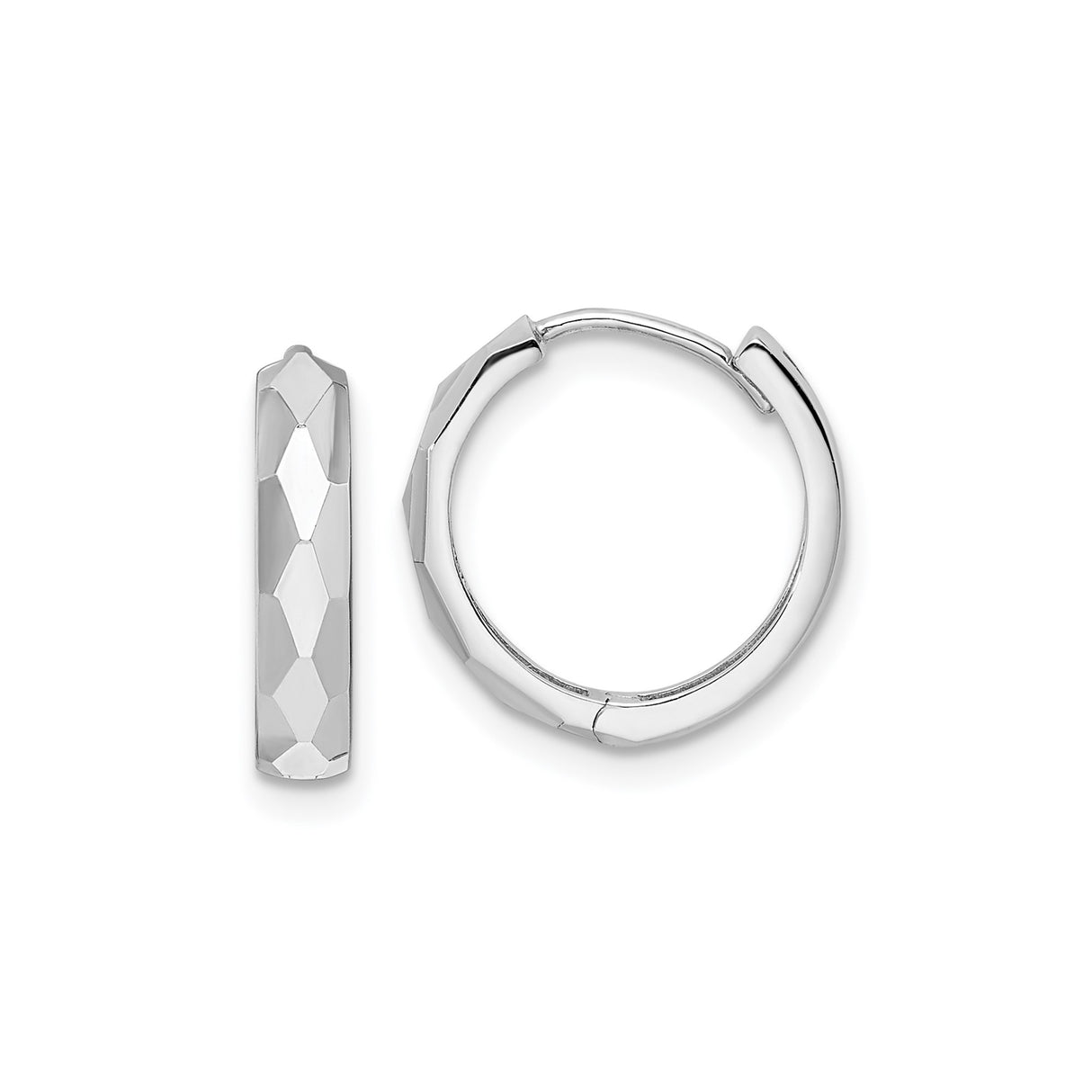 14k White Gold Hoop Earrings, Faceted Hexagon Design, Polished Minimalist Style for Women