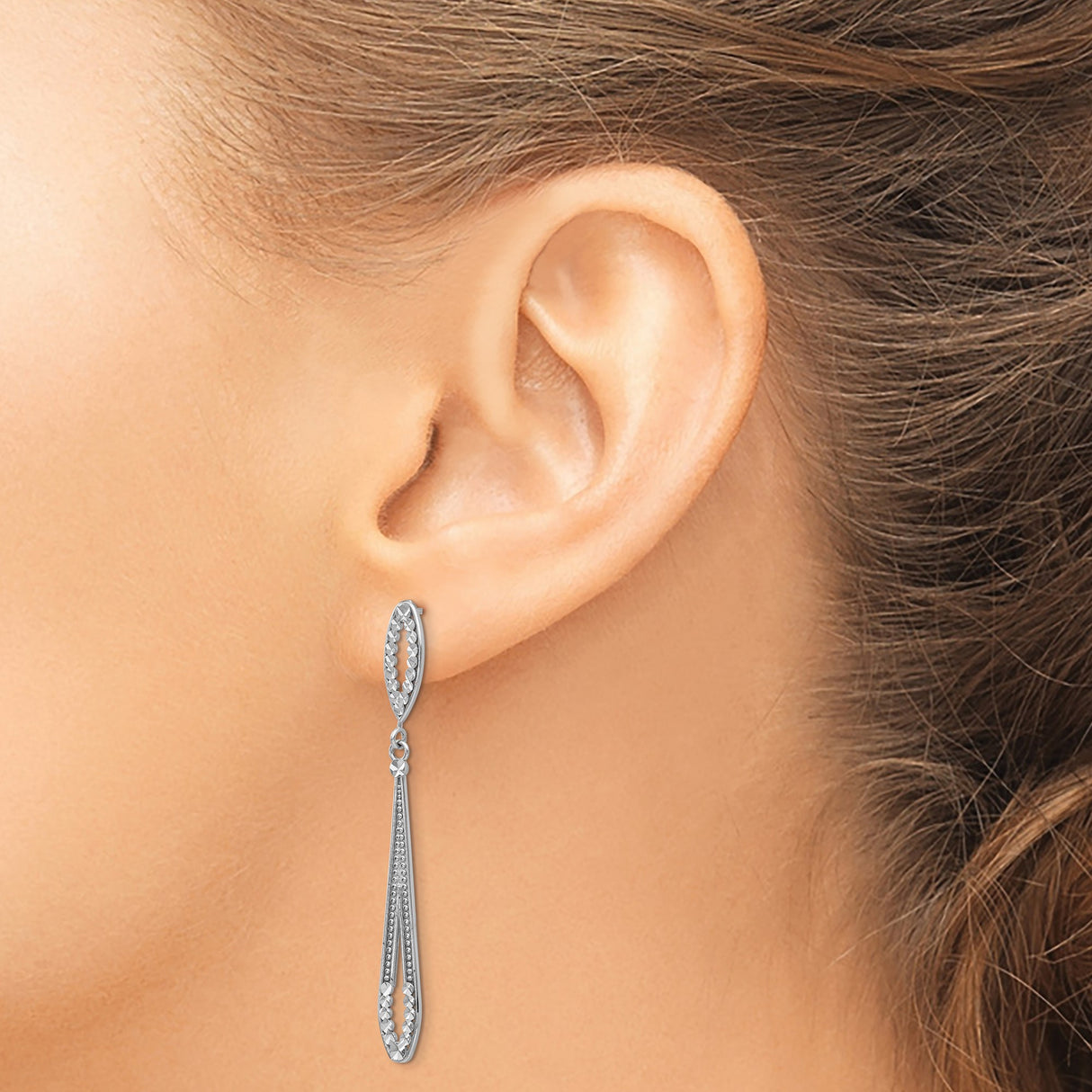 14k White Gold Dangle Earrings, Elongated Marquise and Teardrop Drop, Diamond Cut Detailing