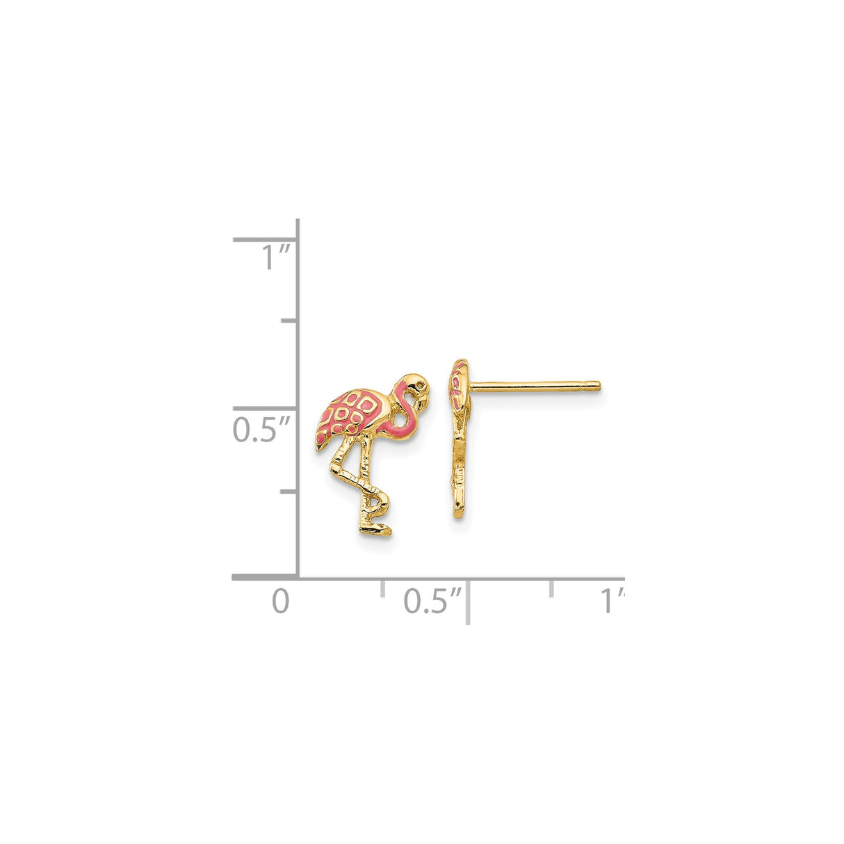14k Yellow Gold Flamingo Stud Earrings with Pink Enamel Accents, Tropical Theme for Women and Girls