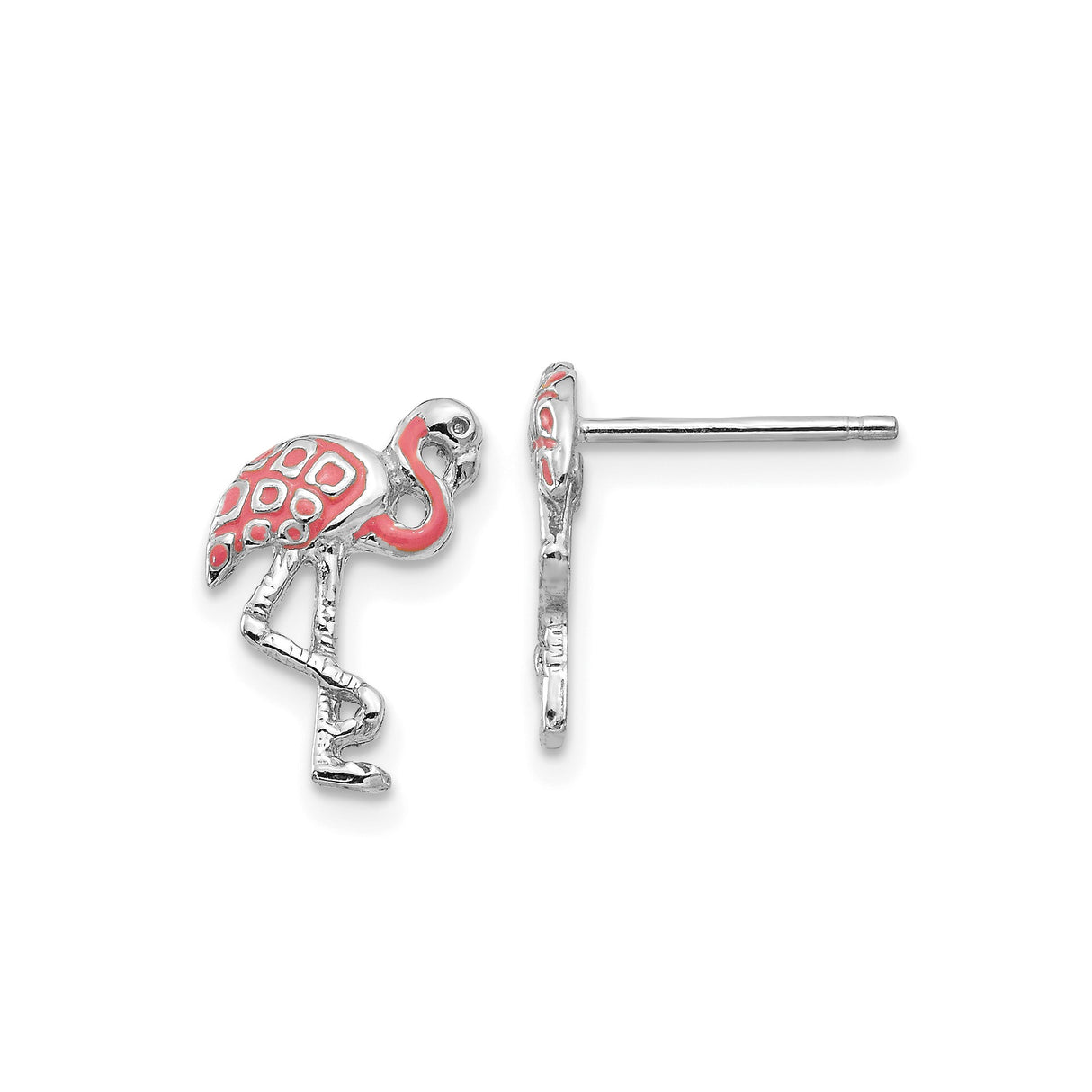 14k White Gold Flamingo Stud Earrings, Pink Enamel Tropical Bird Theme Jewelry for Women or Girls