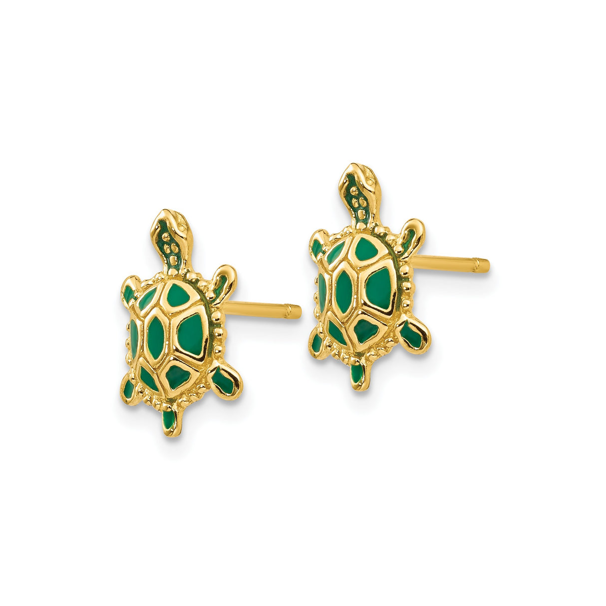14k Yellow Gold Turtle Stud Earrings with Green Enamel, Sea Life Theme for Women