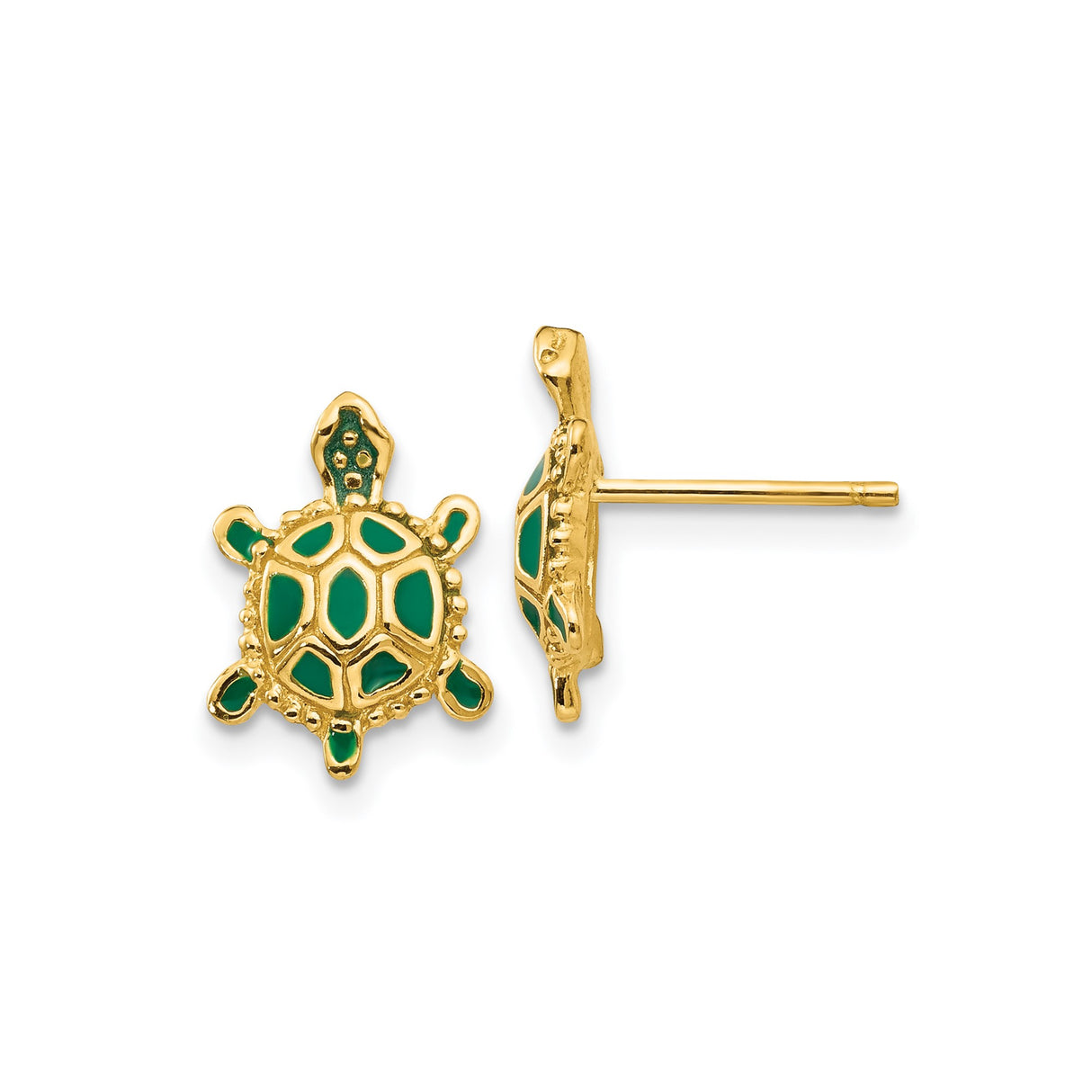 14k Yellow Gold Turtle Stud Earrings with Green Enamel, Sea Life Theme for Women
