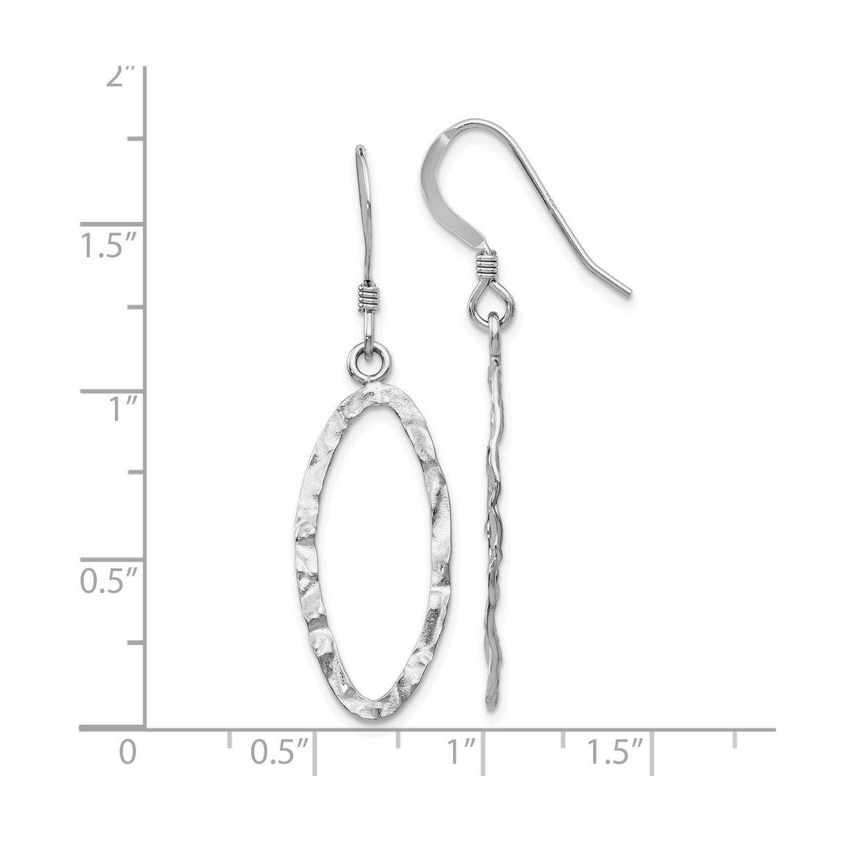 Sterling Silver Dangle Earrings with Elongated Open Oval Shapes and Hammered Texture