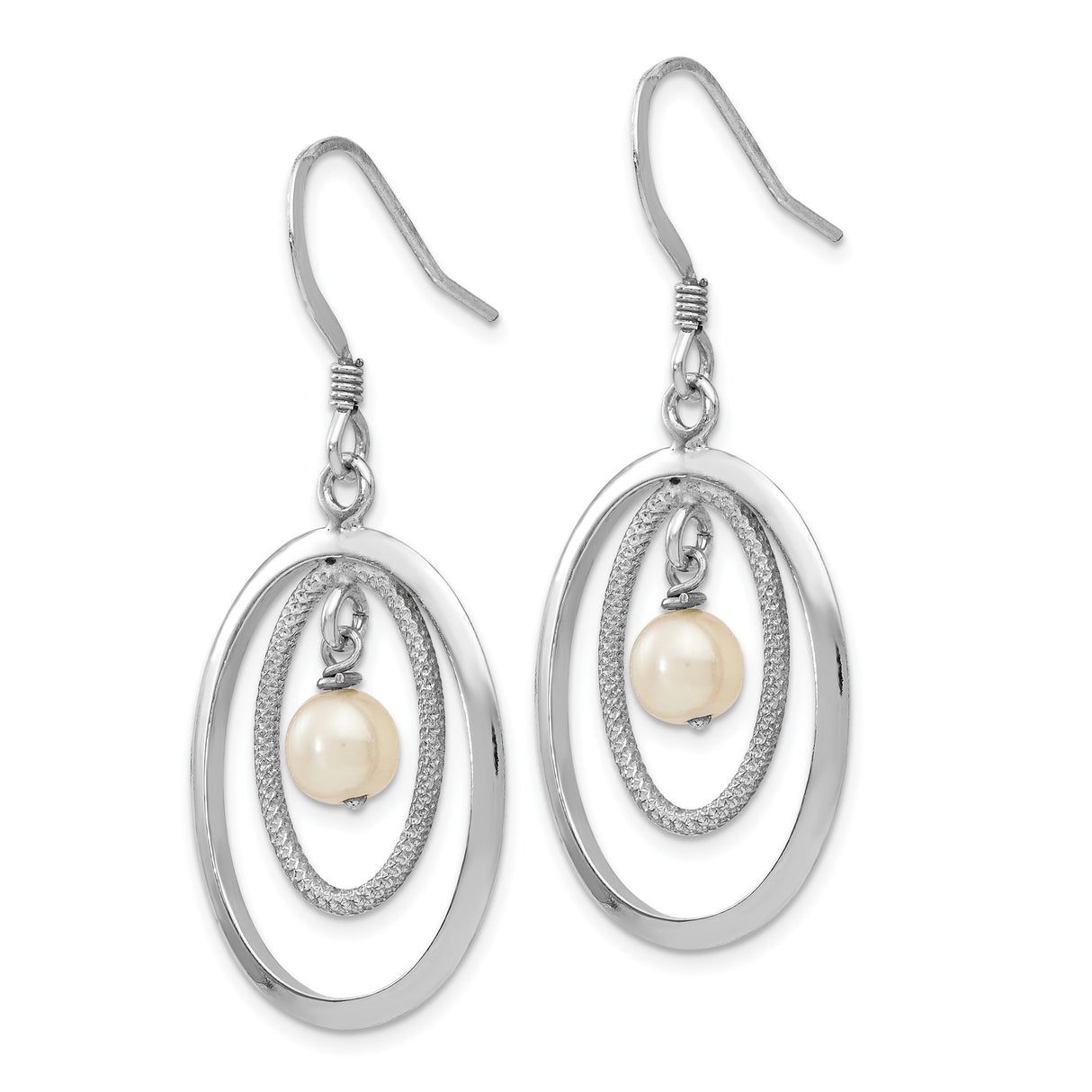 Sterling Silver Dangle Earrings with Freshwater Pearl and Double Oval Drop Design