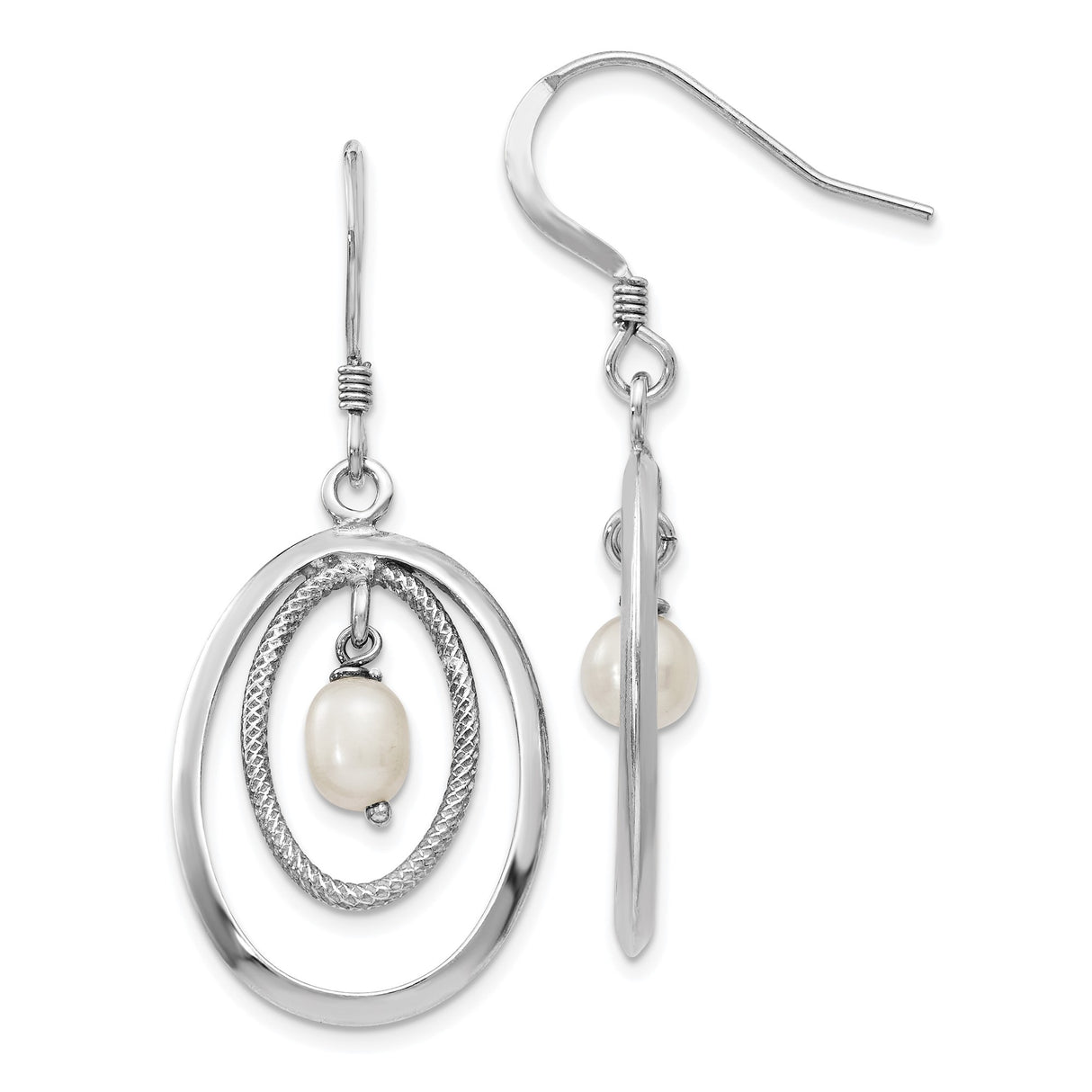 Sterling Silver Dangle Earrings with Freshwater Pearl and Double Oval Drop Design