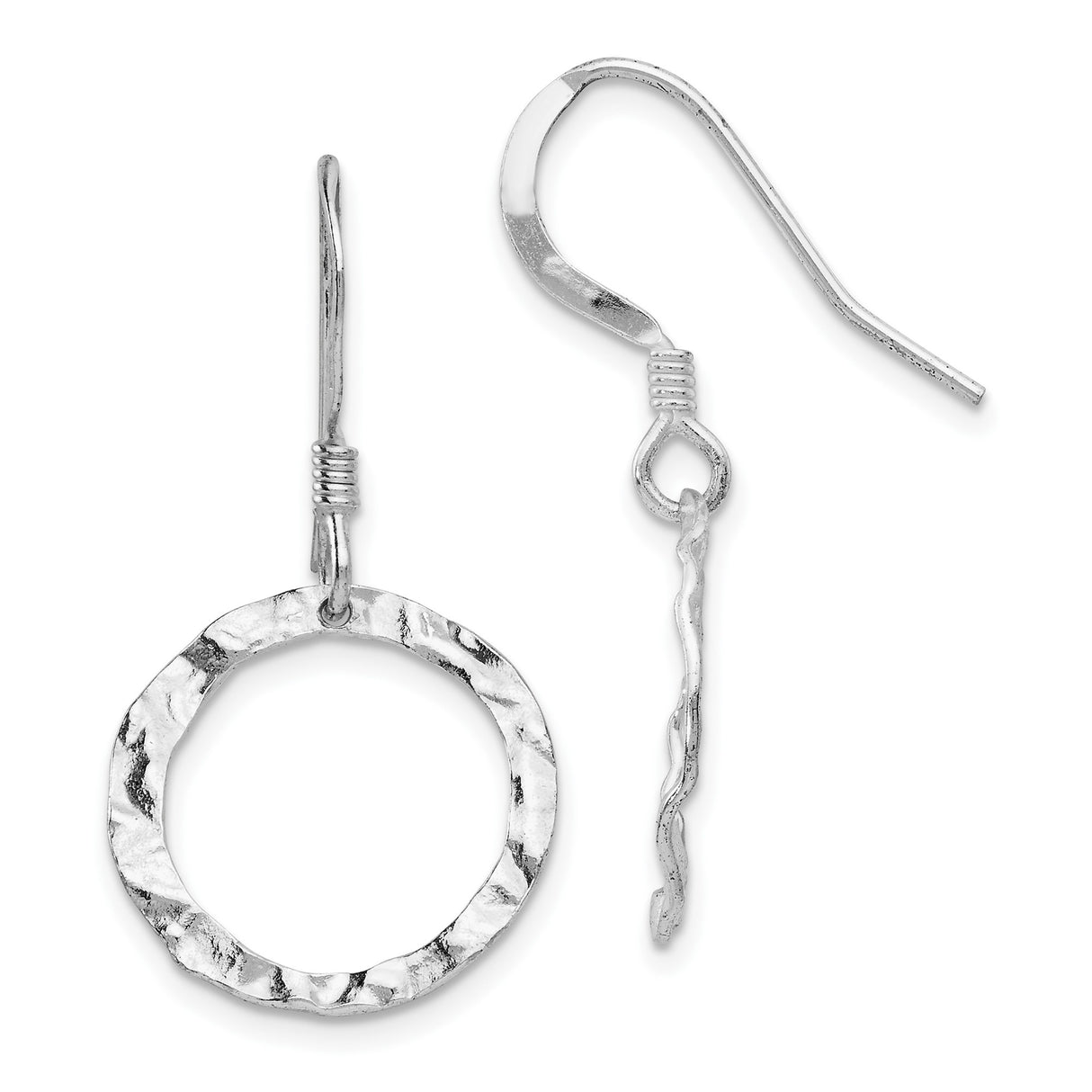 Sterling Silver Dangle Earrings, Open Circle Hammered Design, Minimalist Boho Style for Women