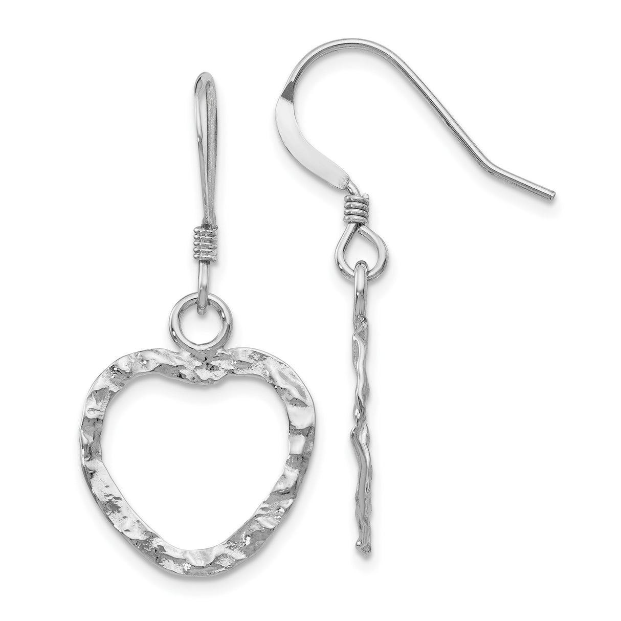Sterling Silver Heart Dangle Earrings with Hammered Textured Finish for Women