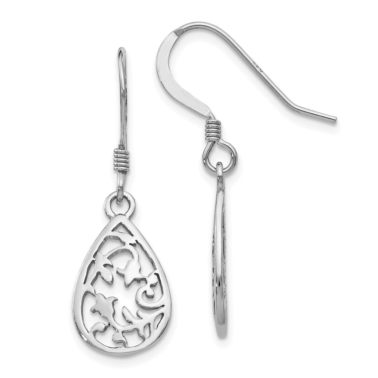 Sterling Silver Teardrop Dangle Earrings with Openwork Floral Vine Design for Women