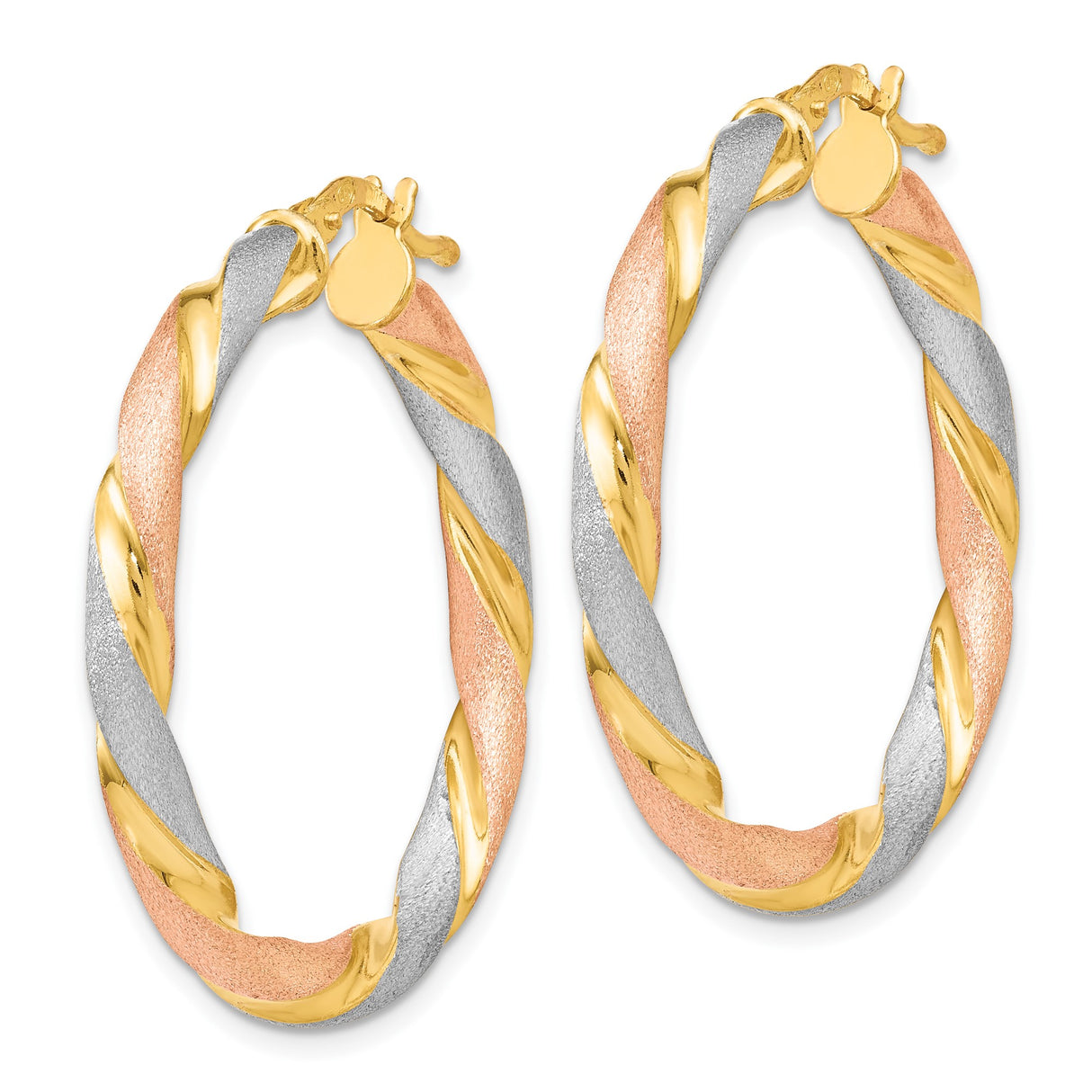 Sterling Silver Twisted Hoop Earrings, Tri-Color with Yellow, Rose, and White Plating, Textured Finish