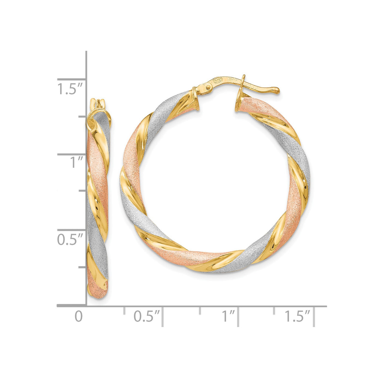 Sterling Silver Twisted Hoop Earrings, Tri-Color with Yellow, Rose, and White Plating, Textured Finish