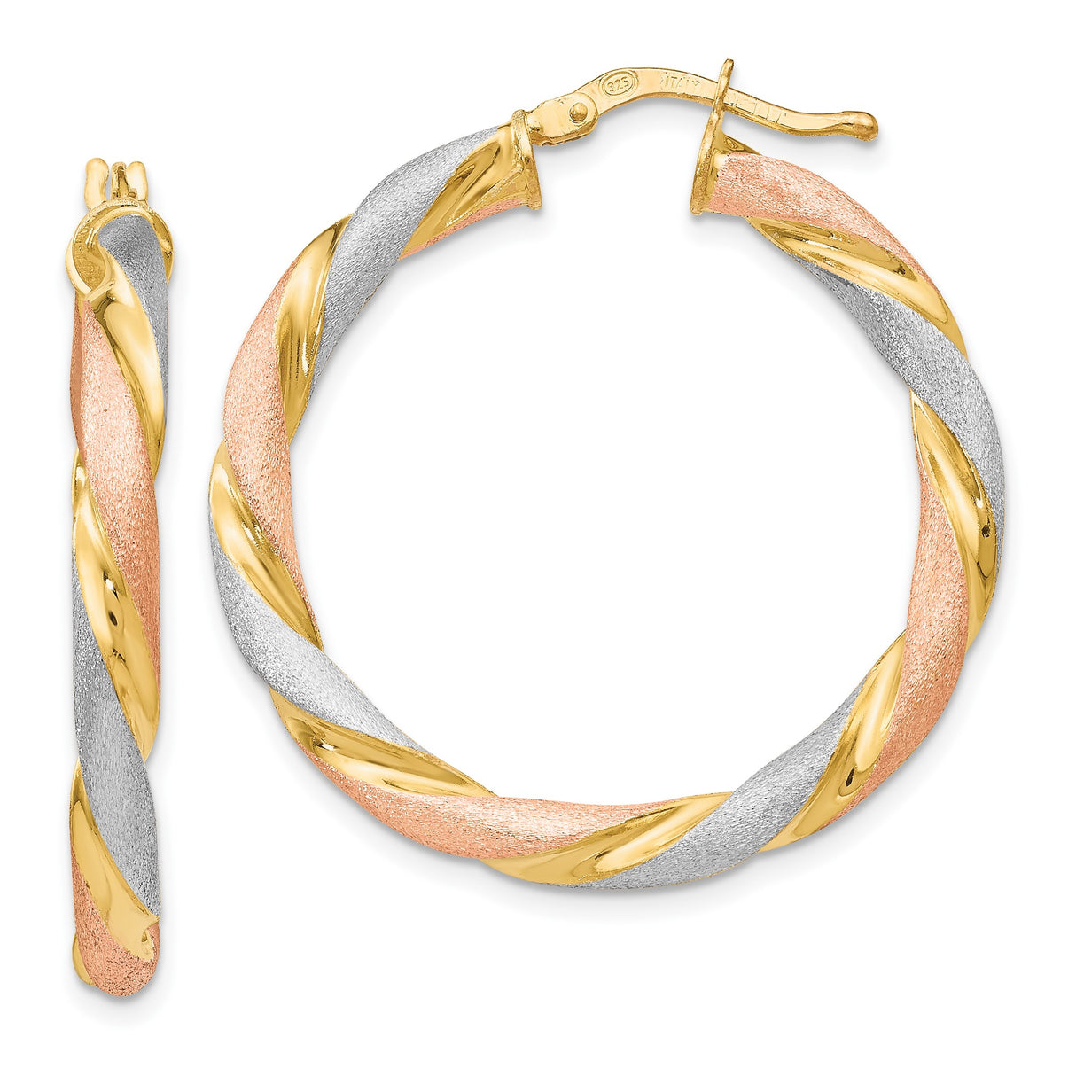 Sterling Silver Twisted Hoop Earrings, Tri-Color with Yellow, Rose, and White Plating, Textured Finish