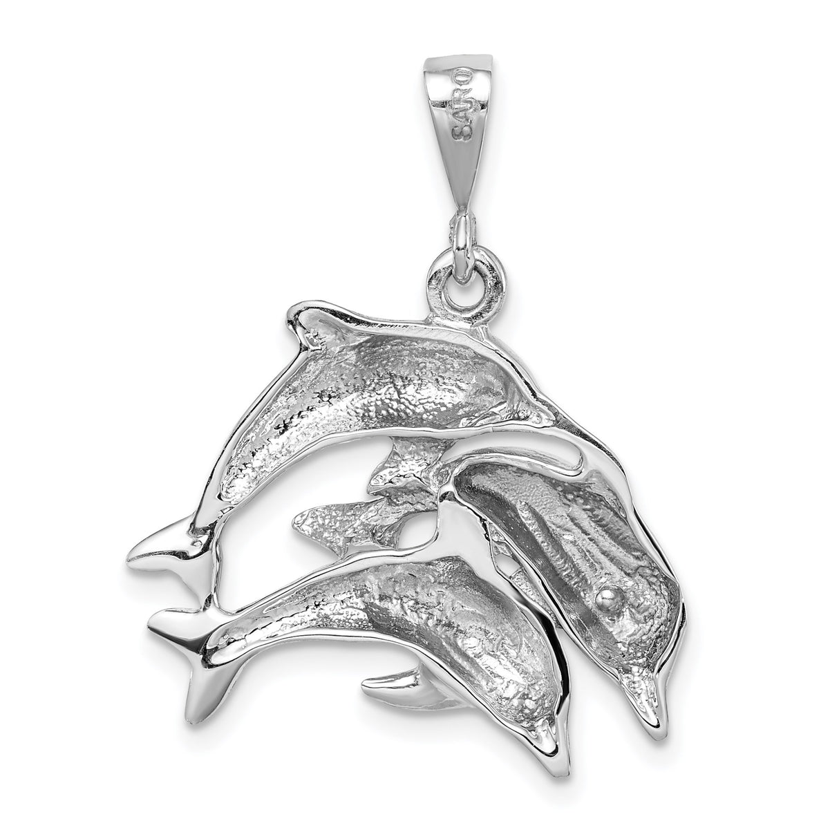 14k White Gold Dolphin Pendant with Three Jumping Dolphins, Ocean Theme Charm for Women