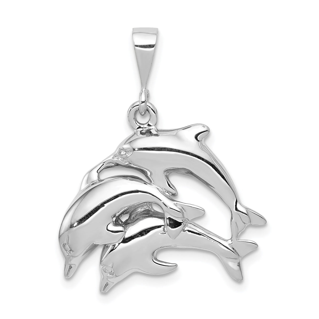 14k White Gold Dolphin Pendant with Three Jumping Dolphins, Ocean Theme Charm for Women