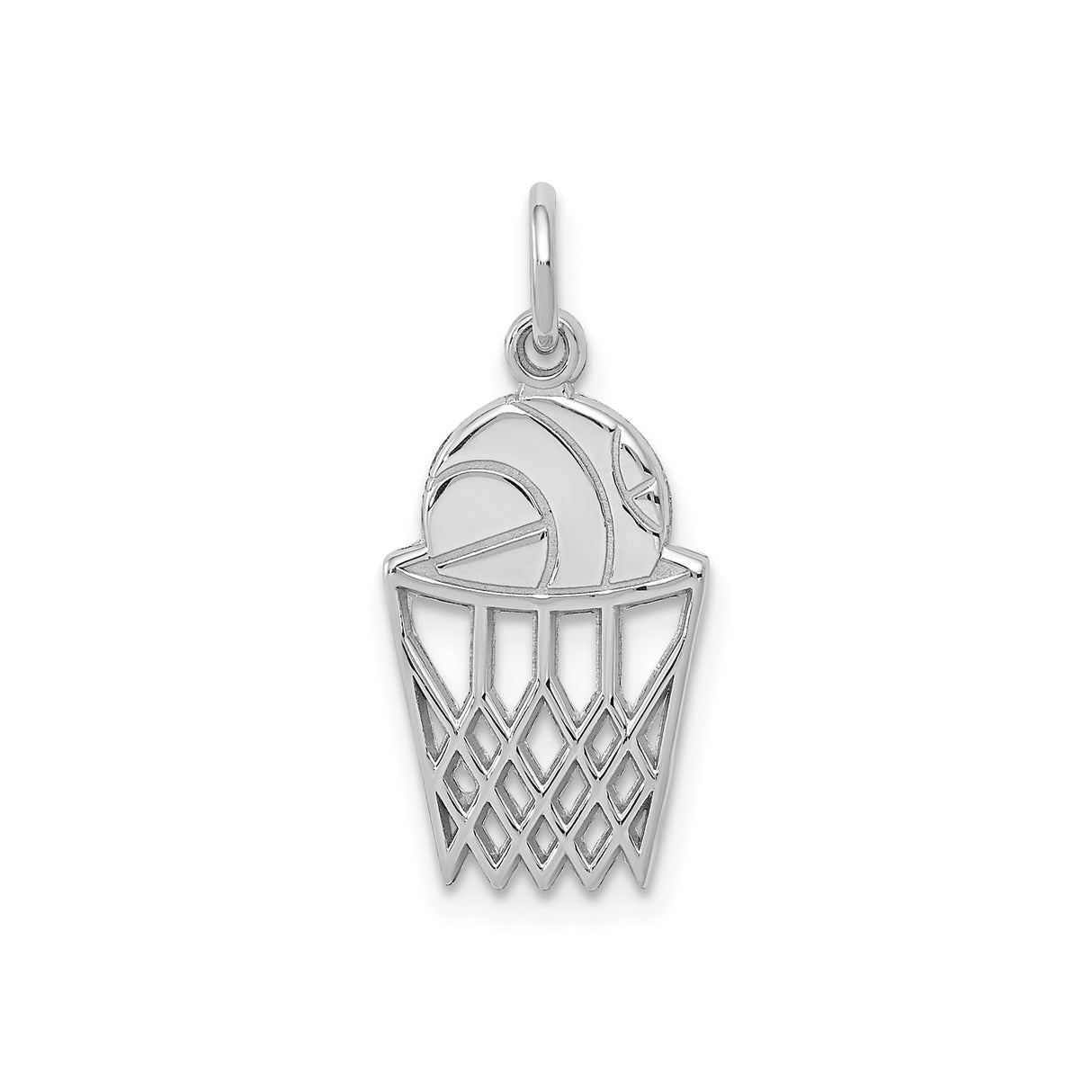 14k White Gold Basketball Hoop Pendant with Ball Net Design, Unisex Sports Charm