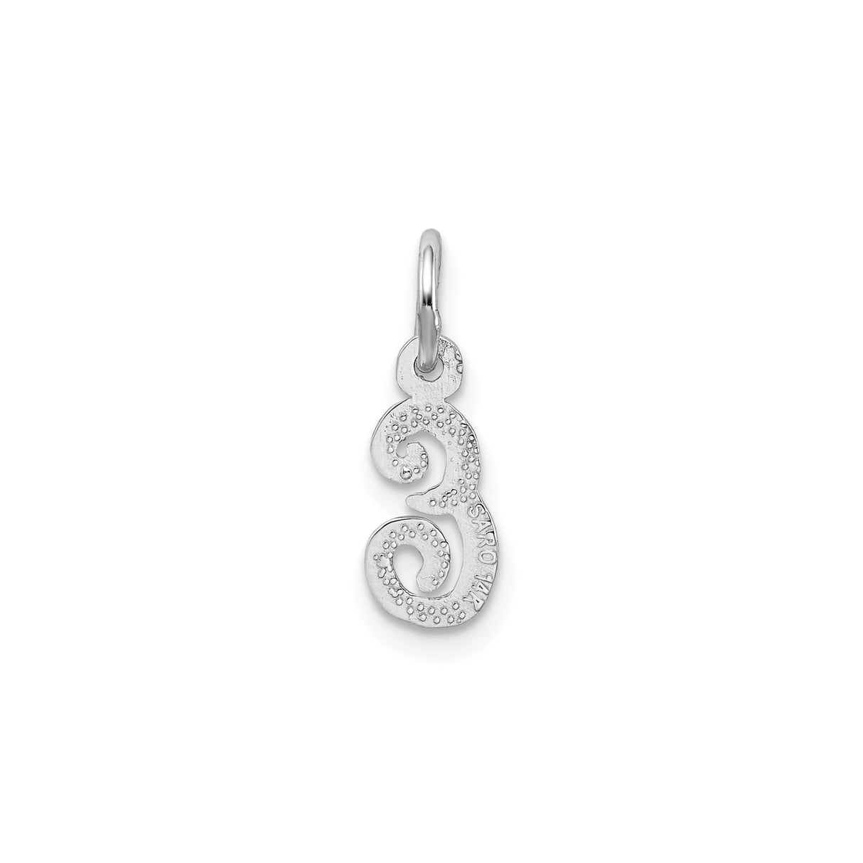 14k White Gold Script Initial E Pendant with Textured Finish and Scroll Design