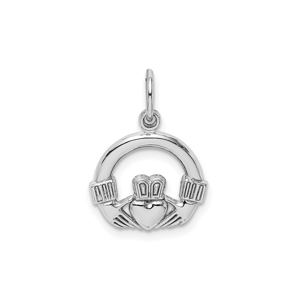 14k White Gold Claddagh Pendant with Heart, Hands and Crown, Celtic Irish Jewelry for Women