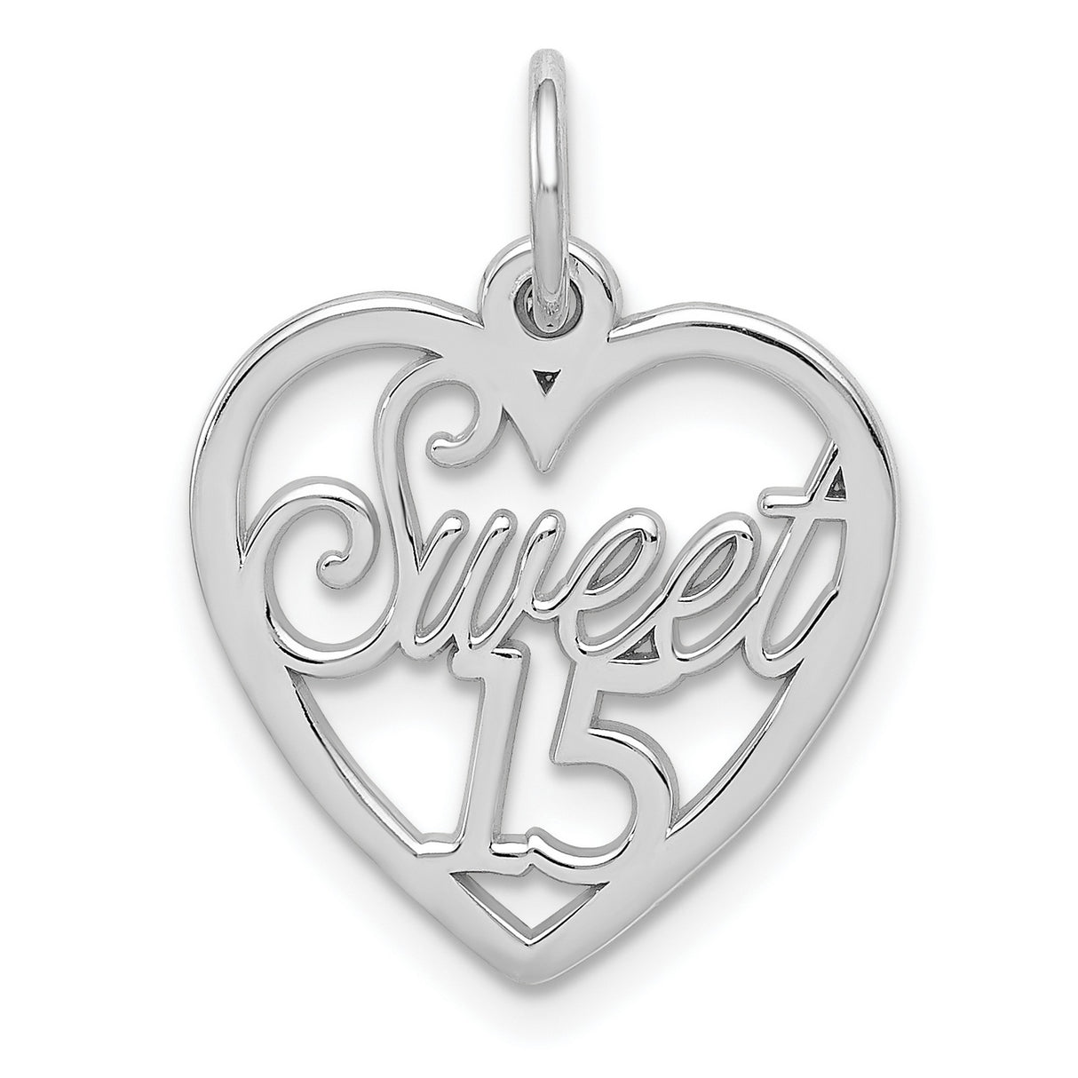14k White Gold Heart Pendant with Sweet 15 Design, Quinceañera for Teen Girl