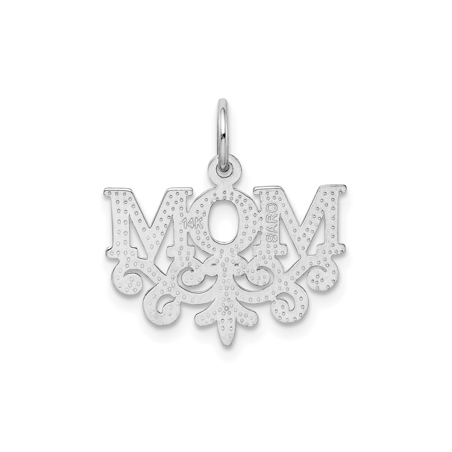 14k White Gold Mom Pendant with Scrollwork Design, Polished Charm for Women