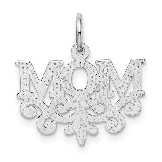 14k White Gold Mom Pendant with Scrollwork Design, Polished Charm for Women