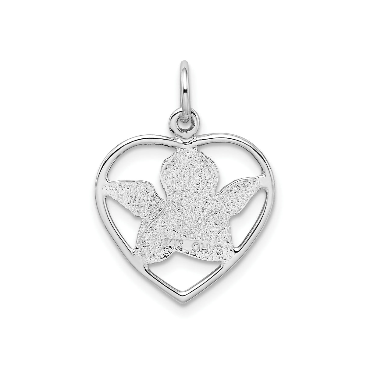 14k White Gold Heart Pendant with Praying Angel and Wings, Christian Memorial Charm