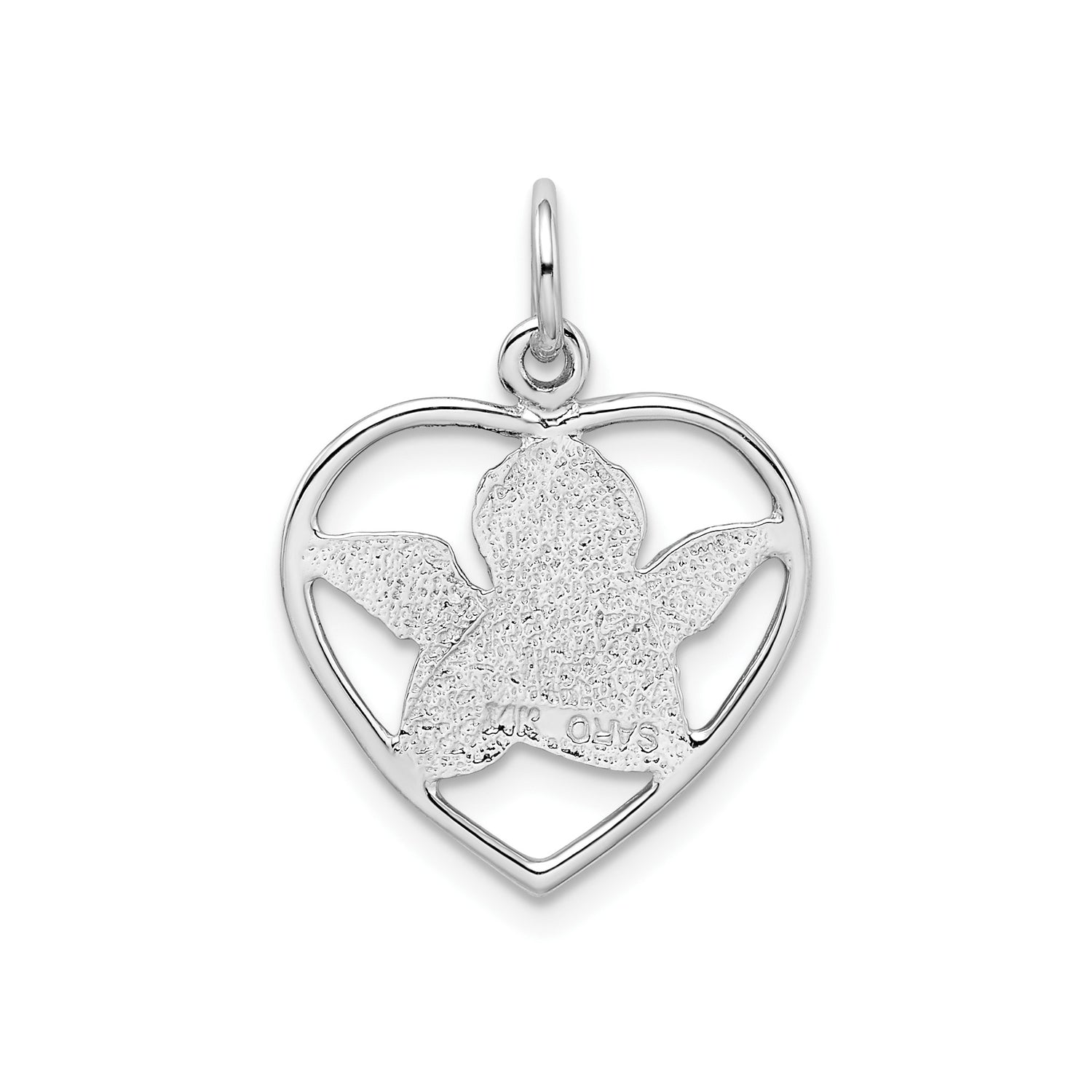 14k White Gold Heart Pendant with Praying Angel and Wings, Christian Memorial Charm