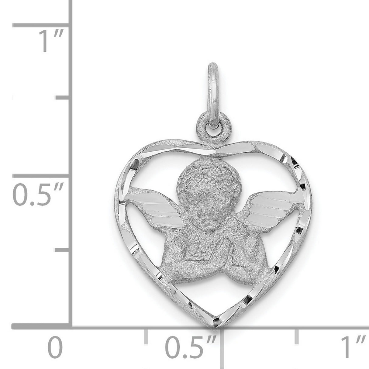 14k White Gold Heart Pendant with Praying Angel and Wings, Christian Memorial Charm