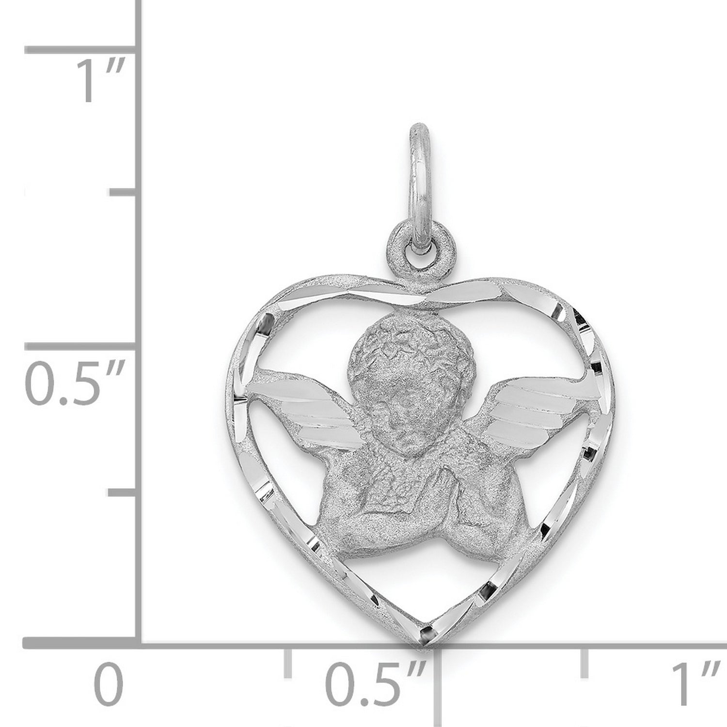 14k White Gold Heart Pendant with Praying Angel and Wings, Christian Memorial Charm