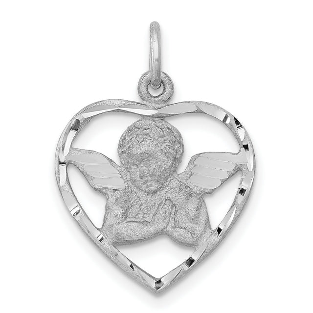 14k White Gold Heart Pendant with Praying Angel and Wings, Christian Memorial Charm