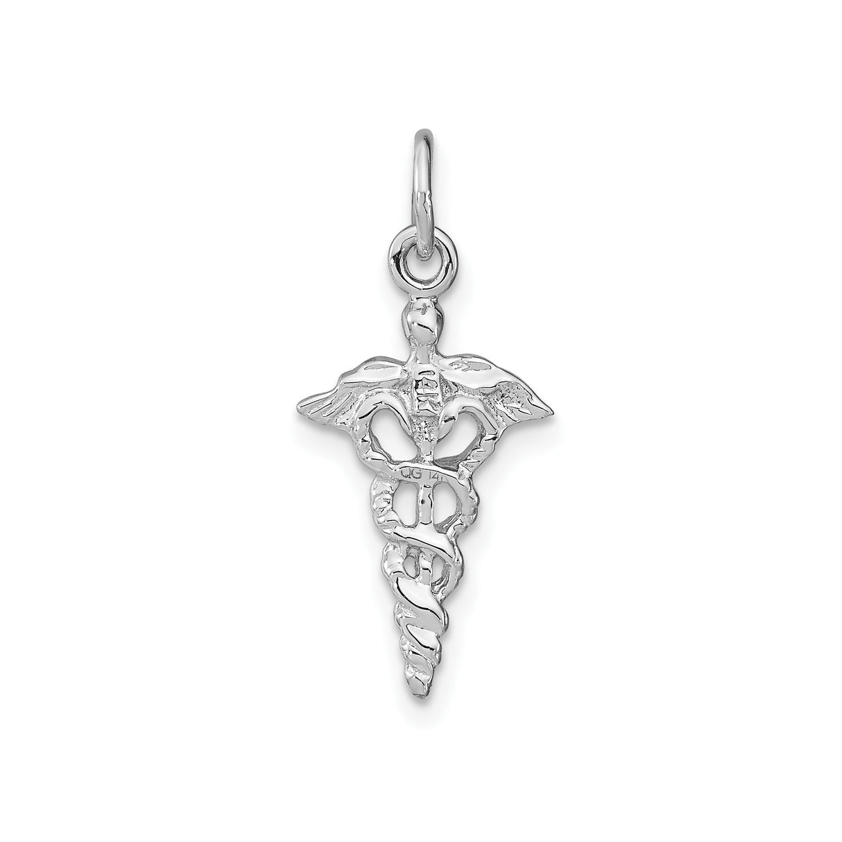 14k White Gold Caduceus Pendant with Winged Staff and Two Snakes, Medical Symbol Charm