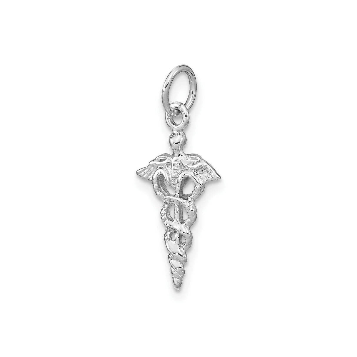14k White Gold Caduceus Pendant with Winged Staff and Two Snakes, Medical Symbol Charm